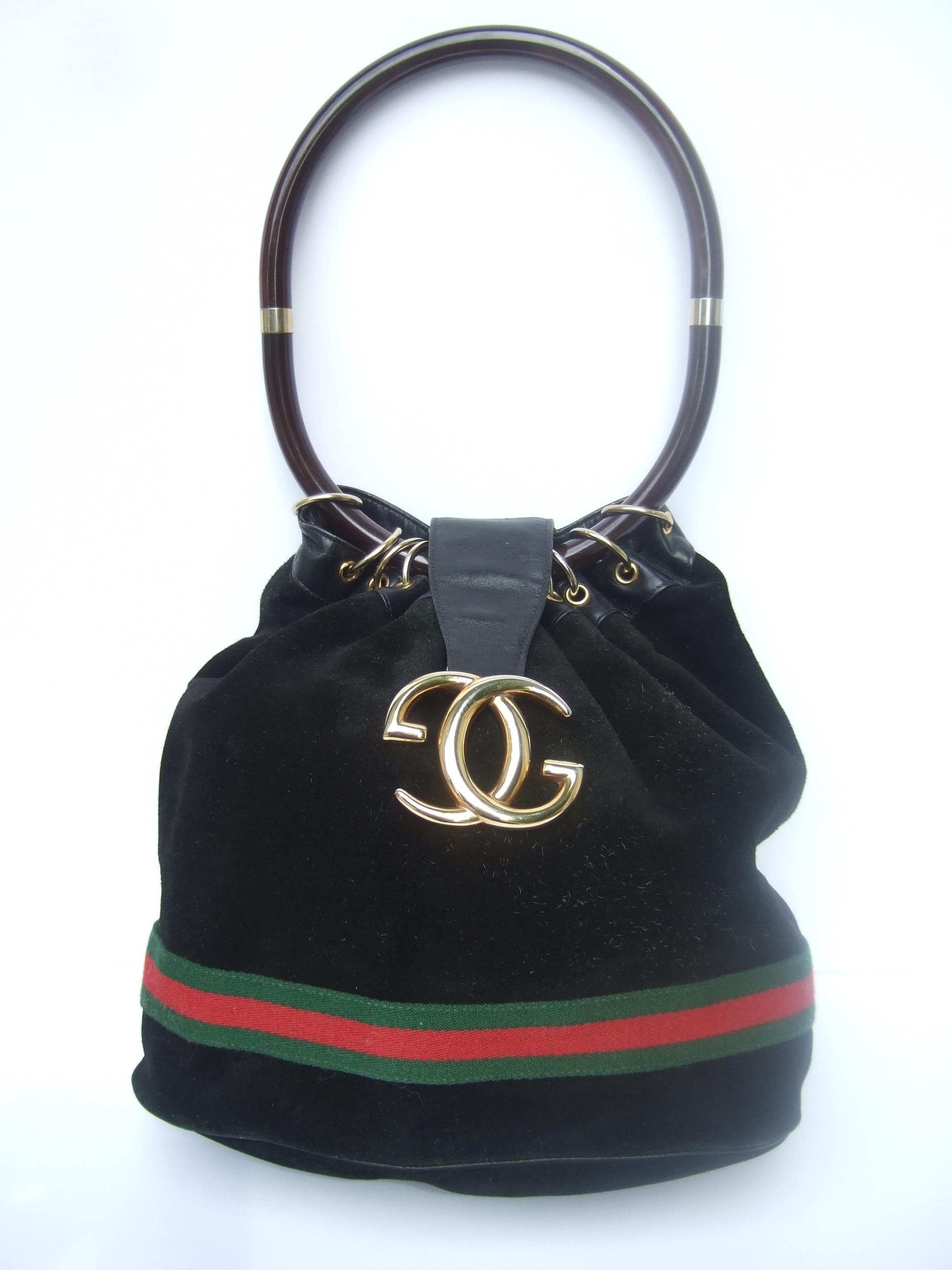 Gucci Italy Extremely Rare Black Suede Amber Resin Lucite Handle Handbag c 1970s For Sale 3