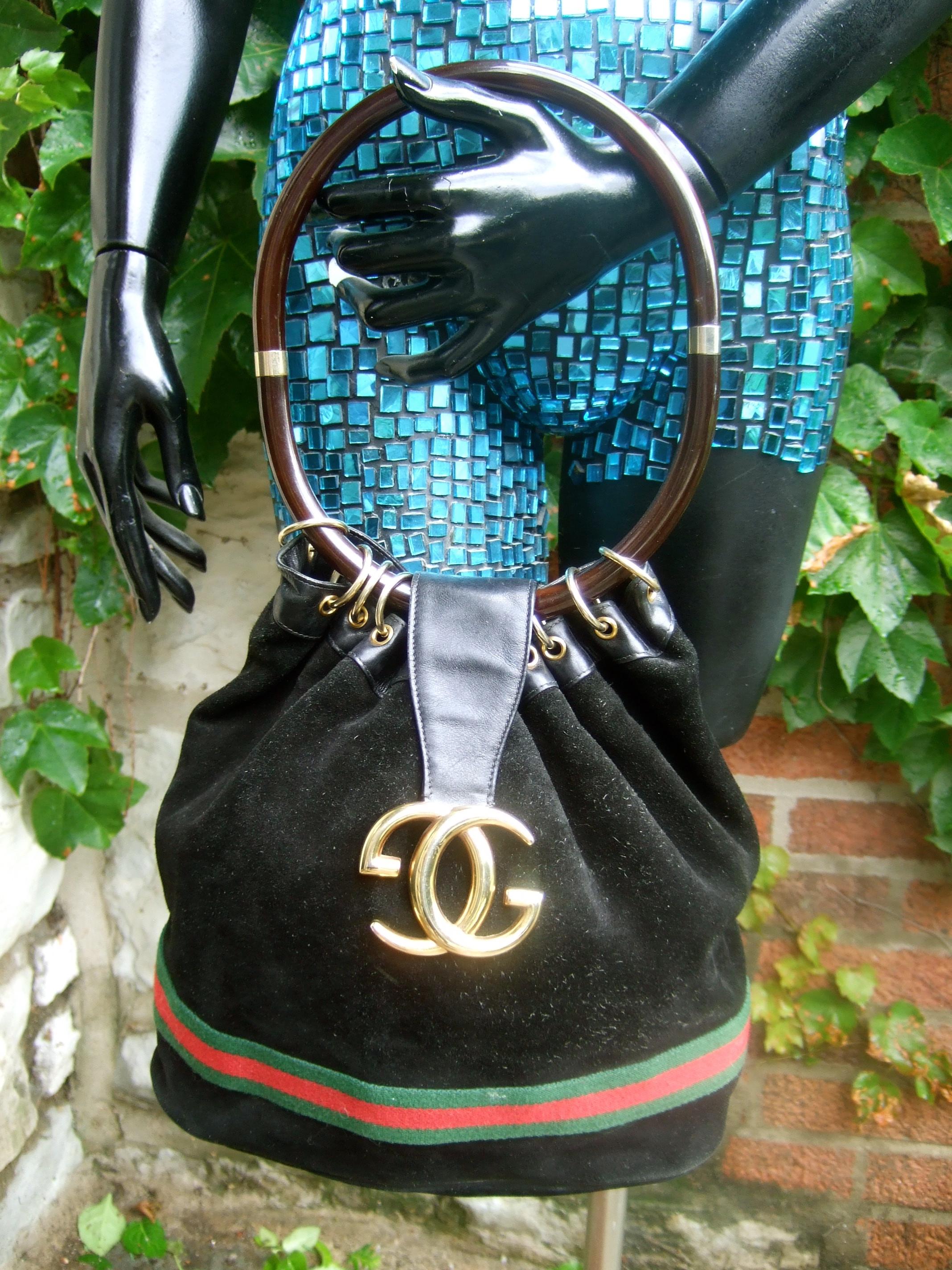 Gucci Italy Extremely Rare Black Suede Amber Resin Lucite Handle Handbag c 1970s For Sale 4
