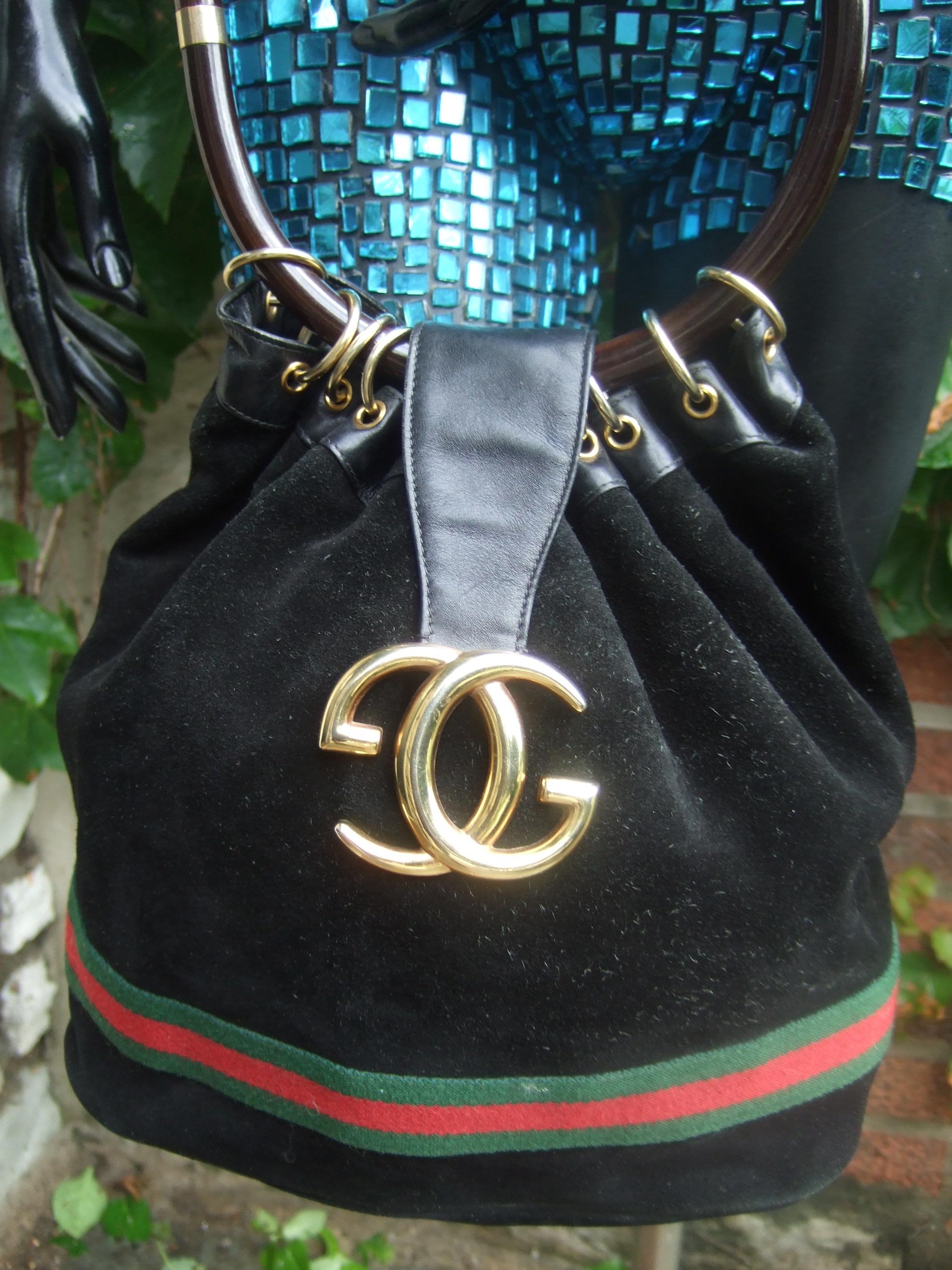 Gucci Italy Extremely Rare Black Suede Amber Resin Lucite Handle Handbag c 1970s For Sale 5