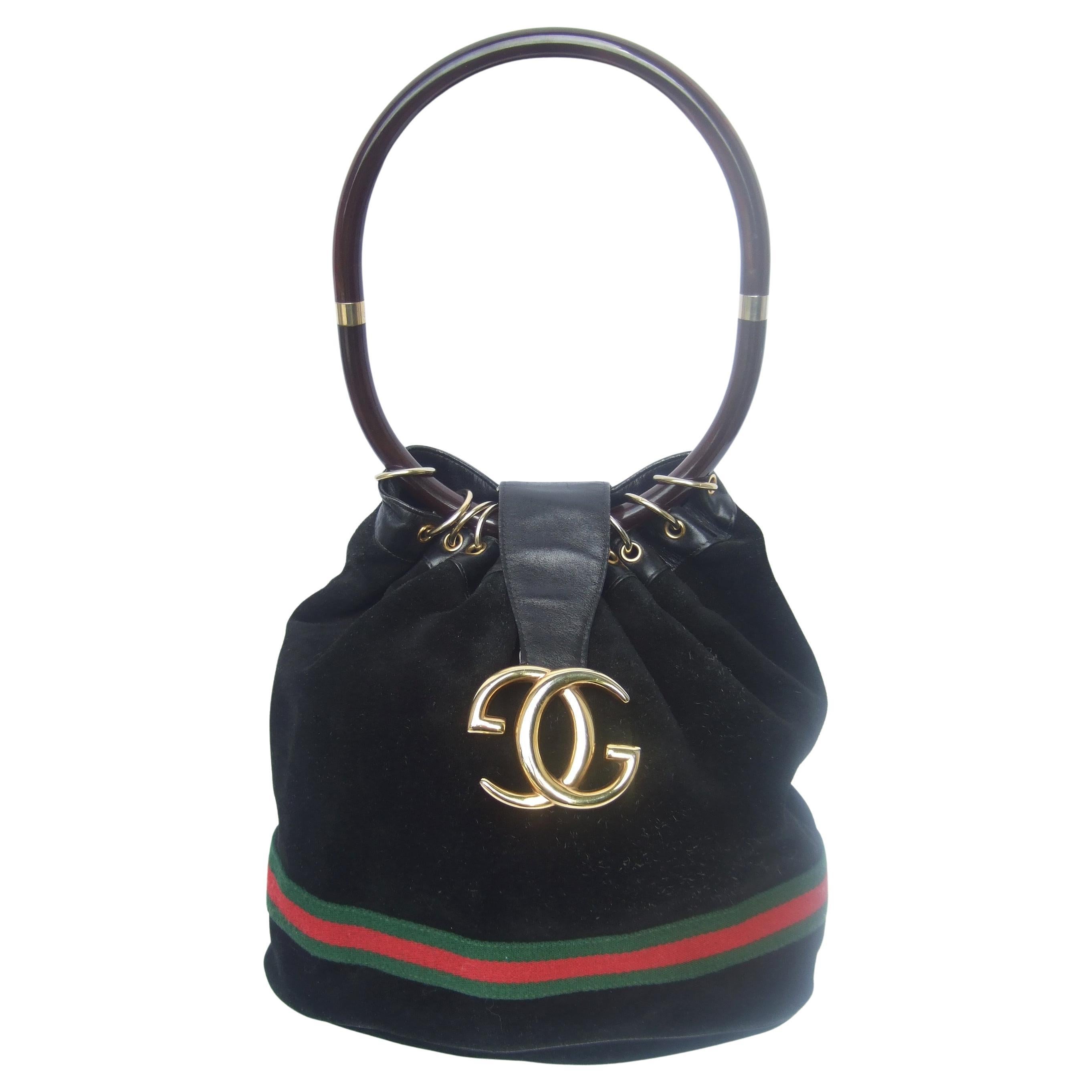 Gucci Italy Extremely Rare Black Suede Amber Resin Lucite Handle Handbag c 1970s For Sale