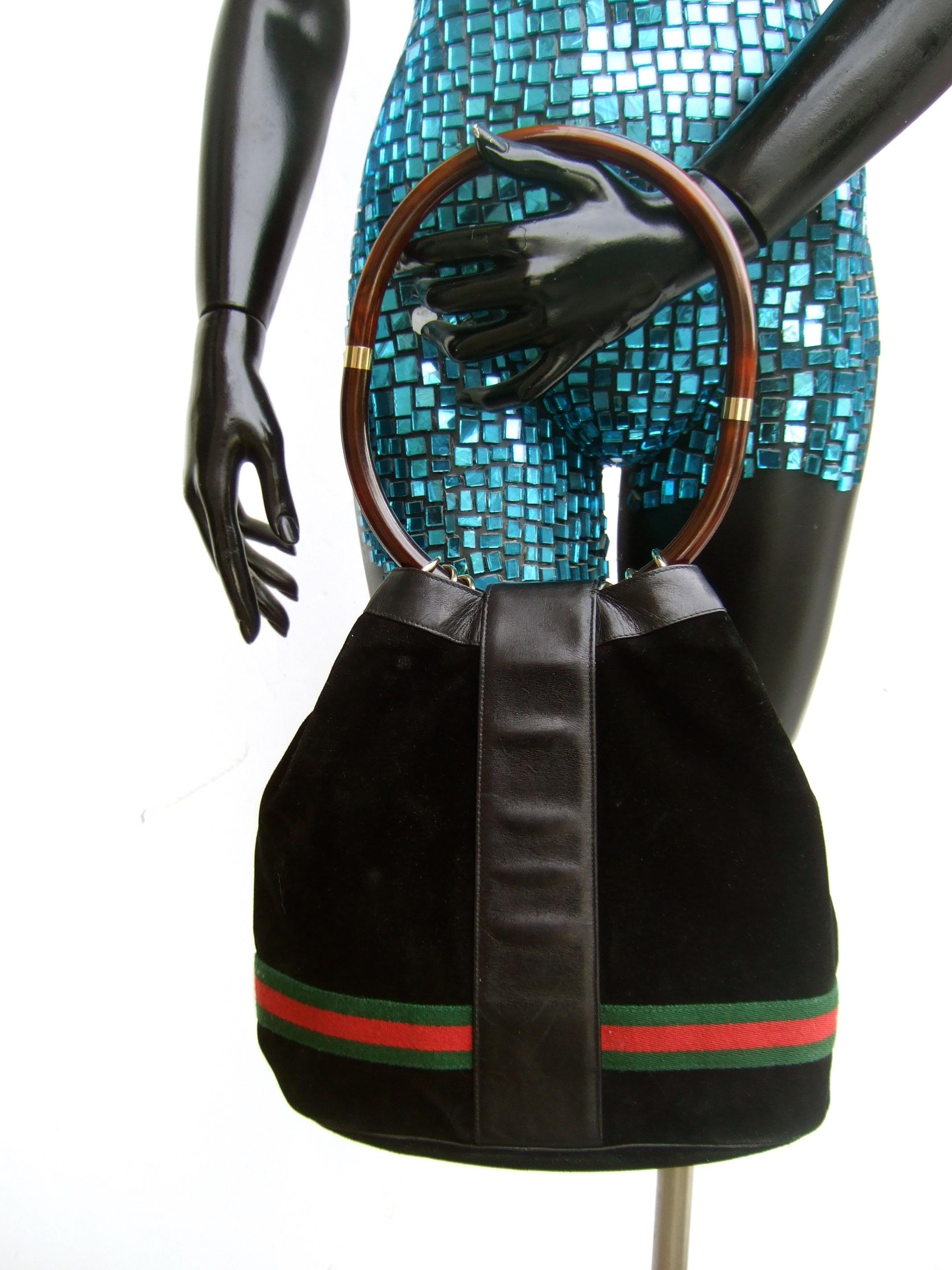 Gucci Italy Extremely Rare Black Suede Lucite Handle Handbag c 1970s 6