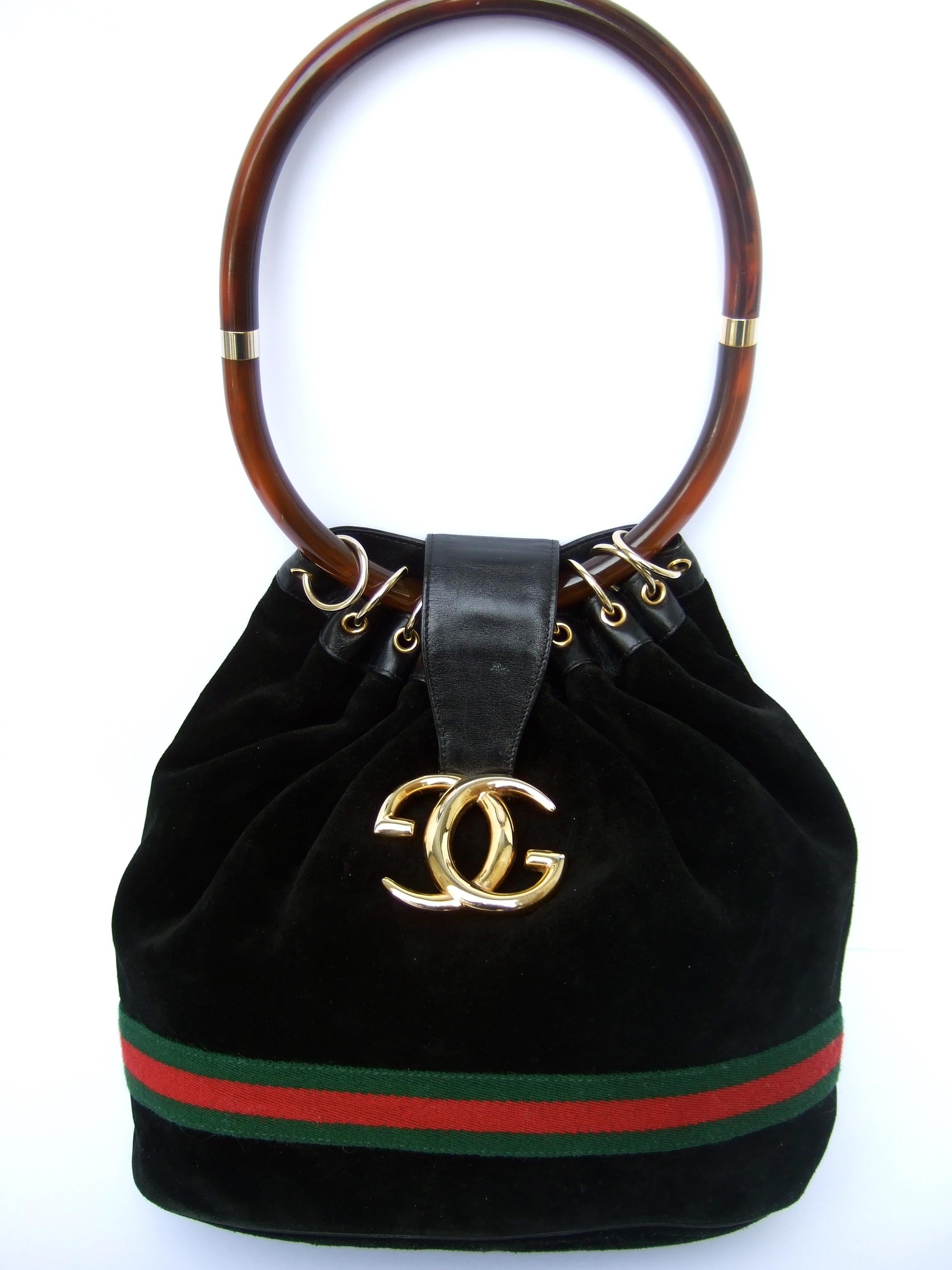 Gucci Italy Extremely Rare Black Suede Lucite Handle Handbag c 1970s 9