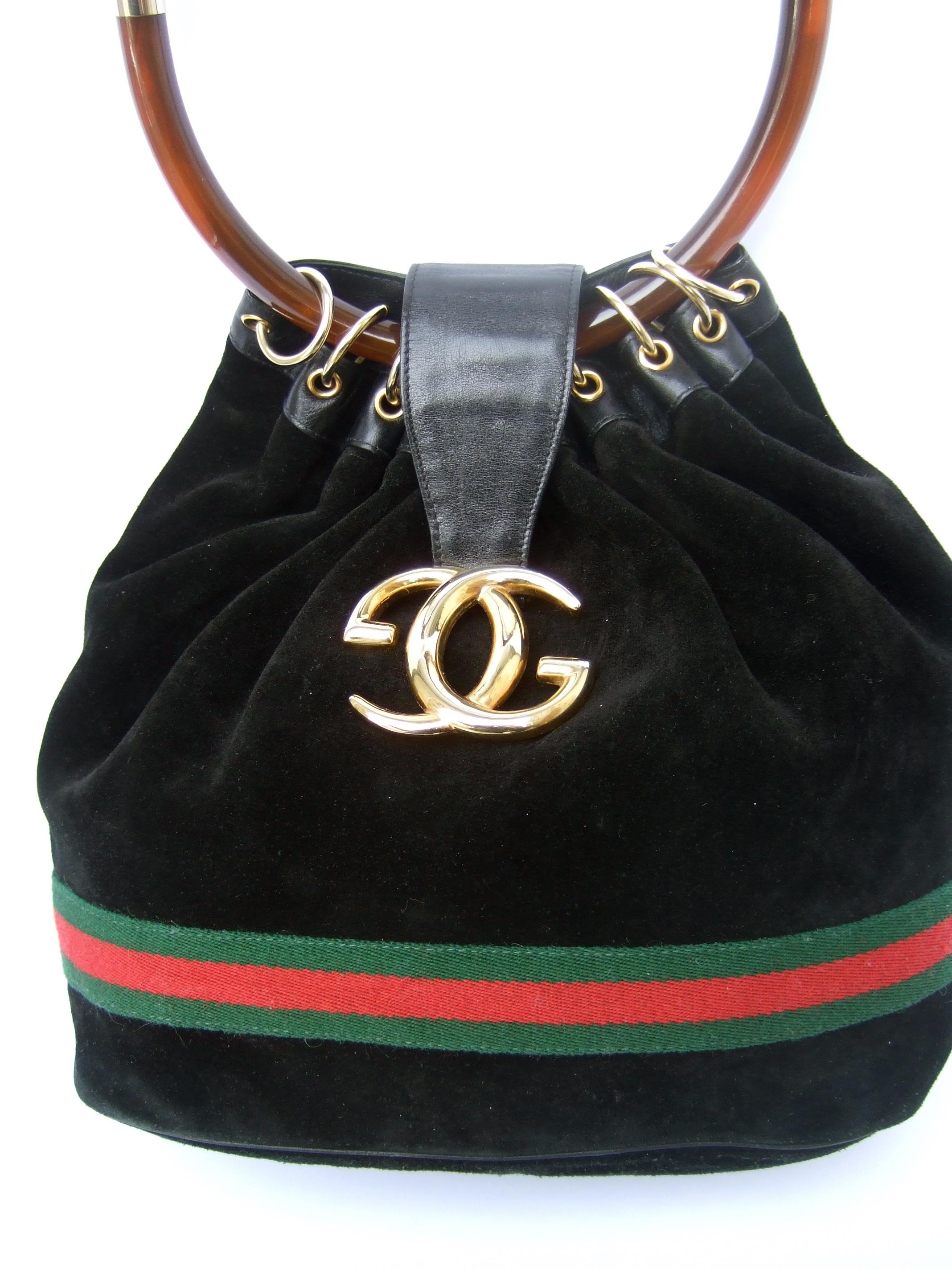 Women's Gucci Italy Extremely Rare Black Suede Lucite Handle Handbag c 1970s