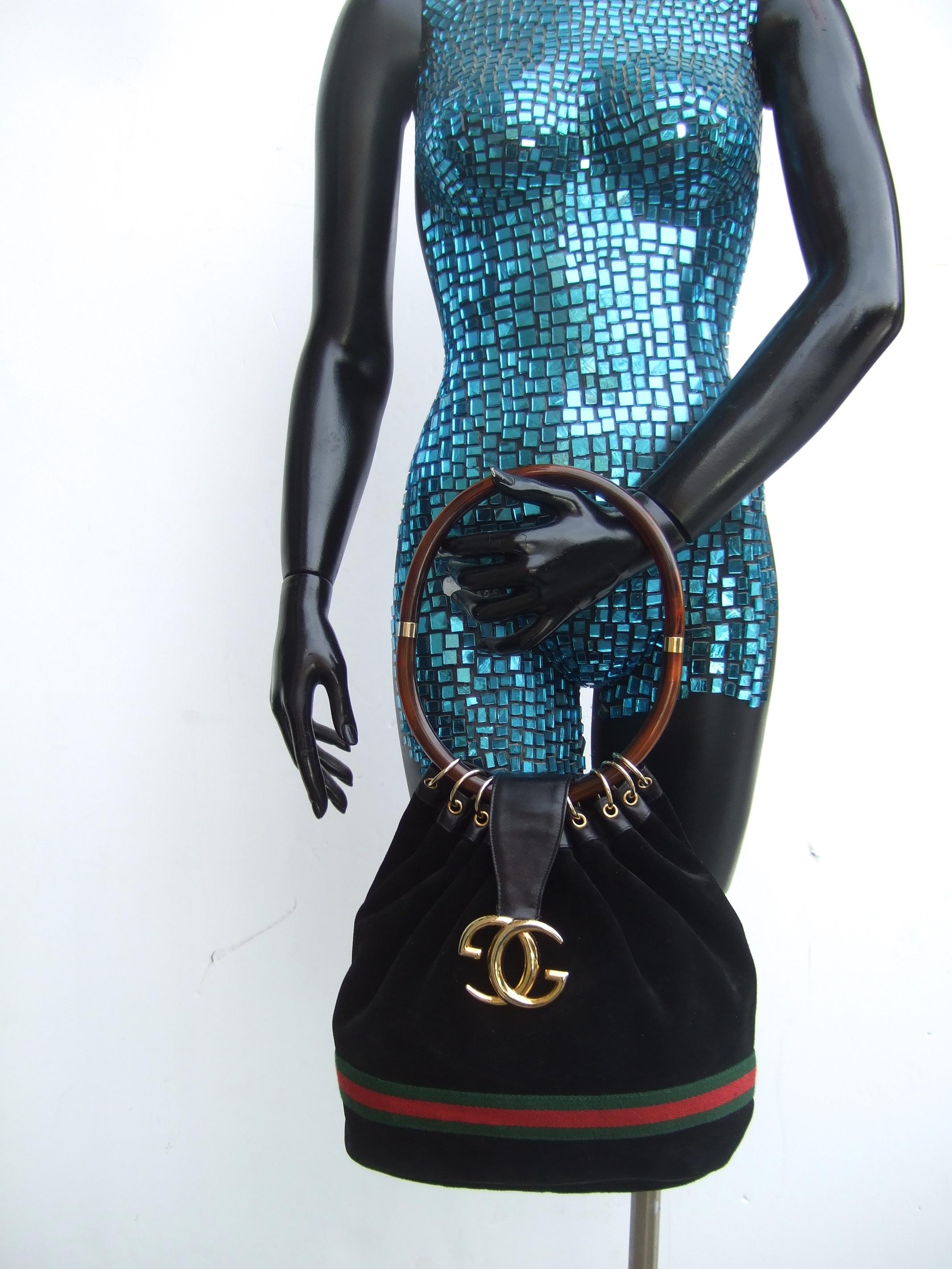 Gucci Italy Extremely Rare Black Suede Lucite Handle Handbag c 1970s 1