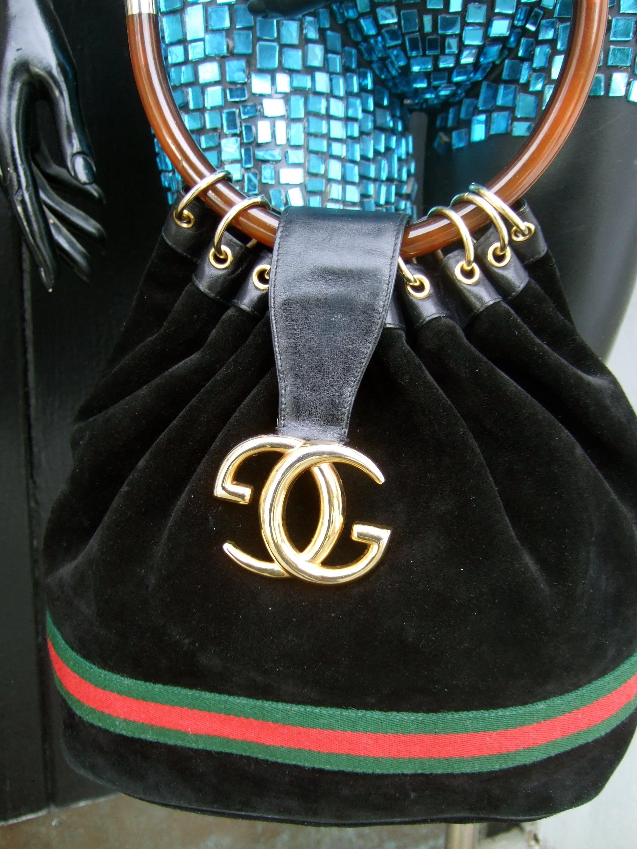 Gucci Italy Extremely Rare Black Suede Lucite Handle Handbag c 1970s 4