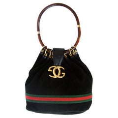 Gucci Italy Extremely Rare Black Suede Lucite Handle Handbag c 1970s