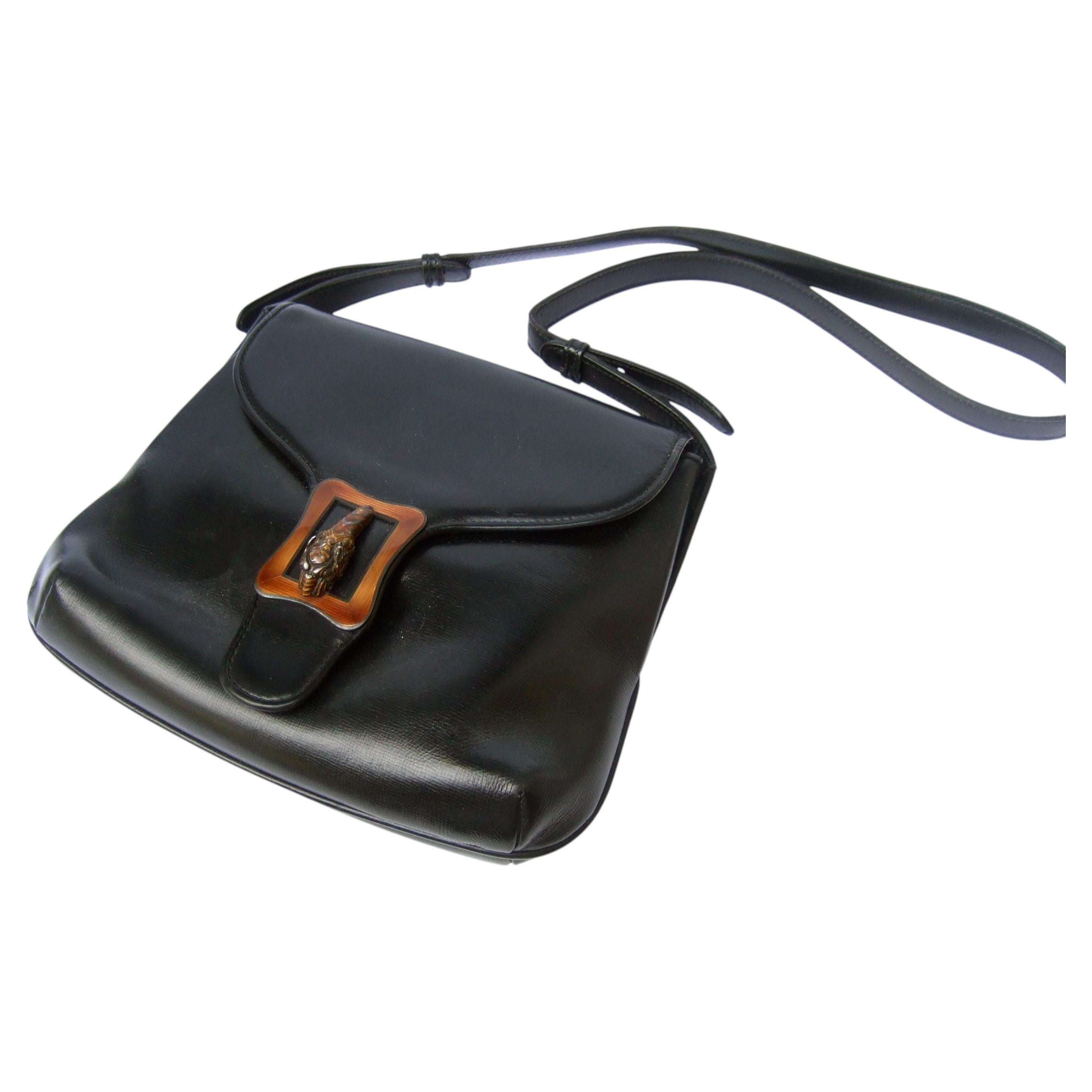 GUCCI Italy Extremely Rare Sterling Tiger Emblem Black Leather Handbag c 1970s