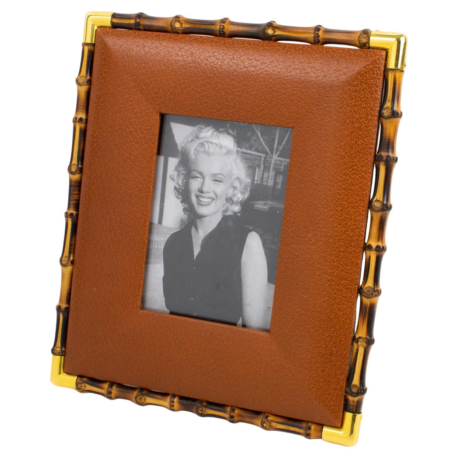 Gucci Italy Cognac Leather and Bamboo Picture Frame