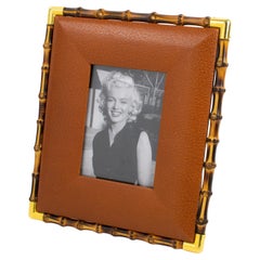Retro Gucci Italy Golden Brown Leather and Bamboo Picture Frame