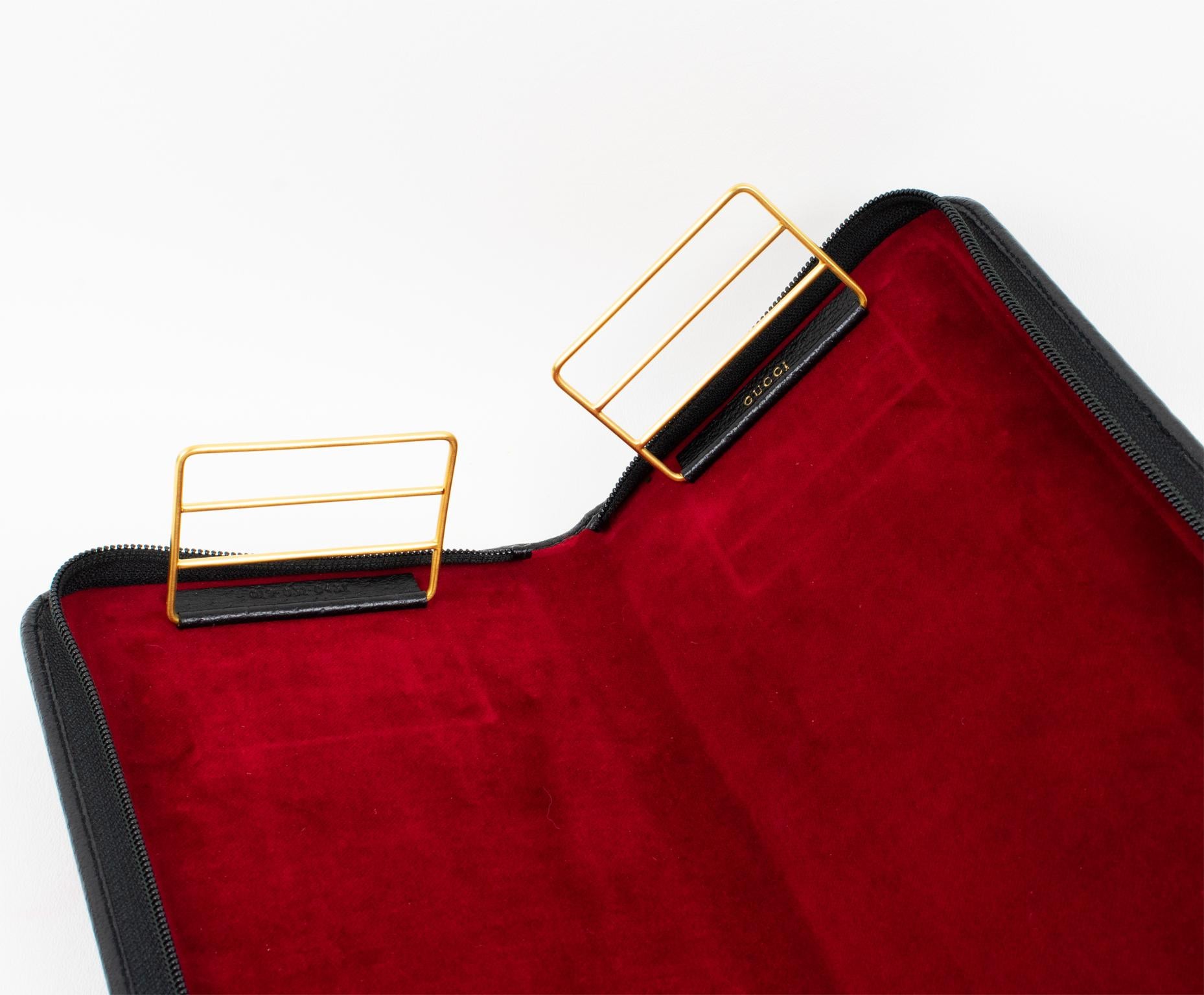 Gucci, Italy Hand-Stitched Black Leather Travel Tie Case Necktie Holder Rack 3