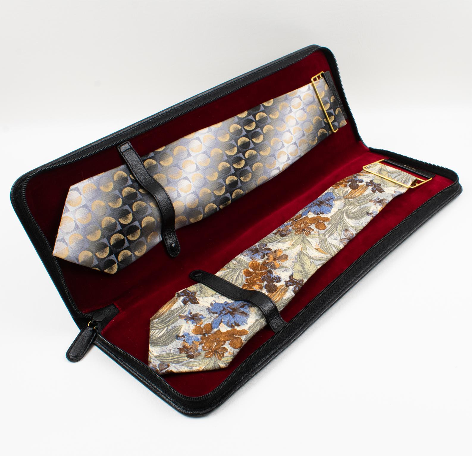 Mid-Century Modern Gucci, Italy Hand-Stitched Black Leather Travel Tie Case Necktie Holder Rack