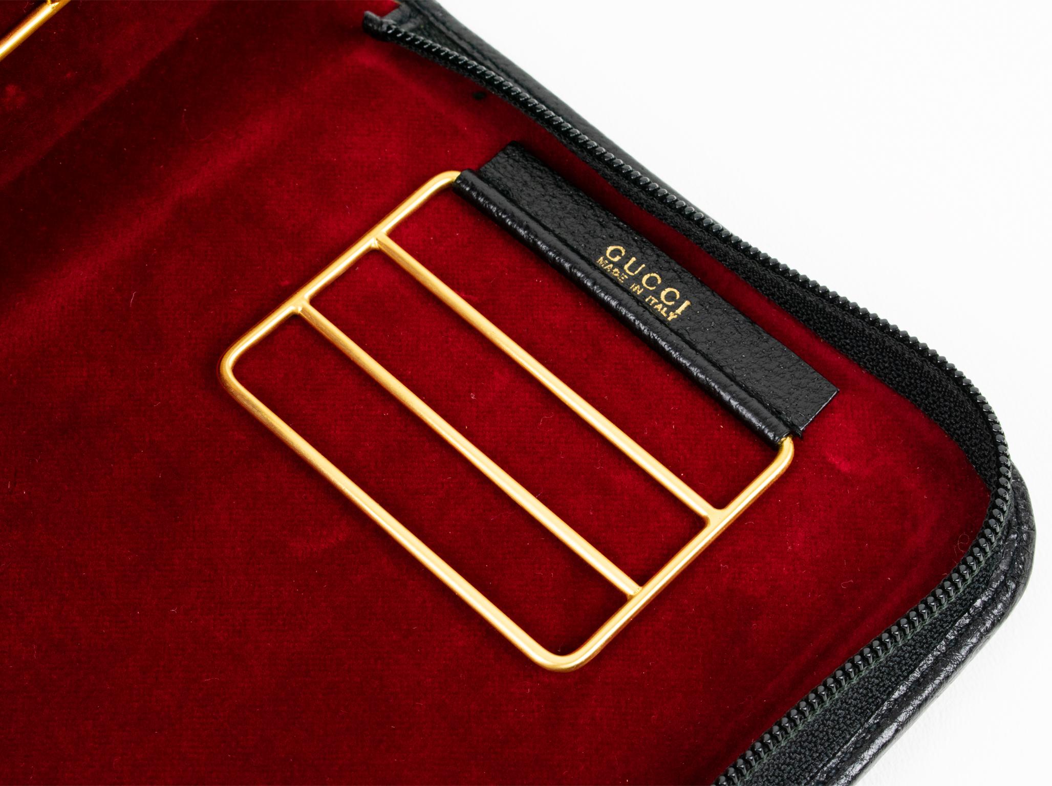 Italian Gucci, Italy Hand-Stitched Black Leather Travel Tie Case Necktie Holder Rack