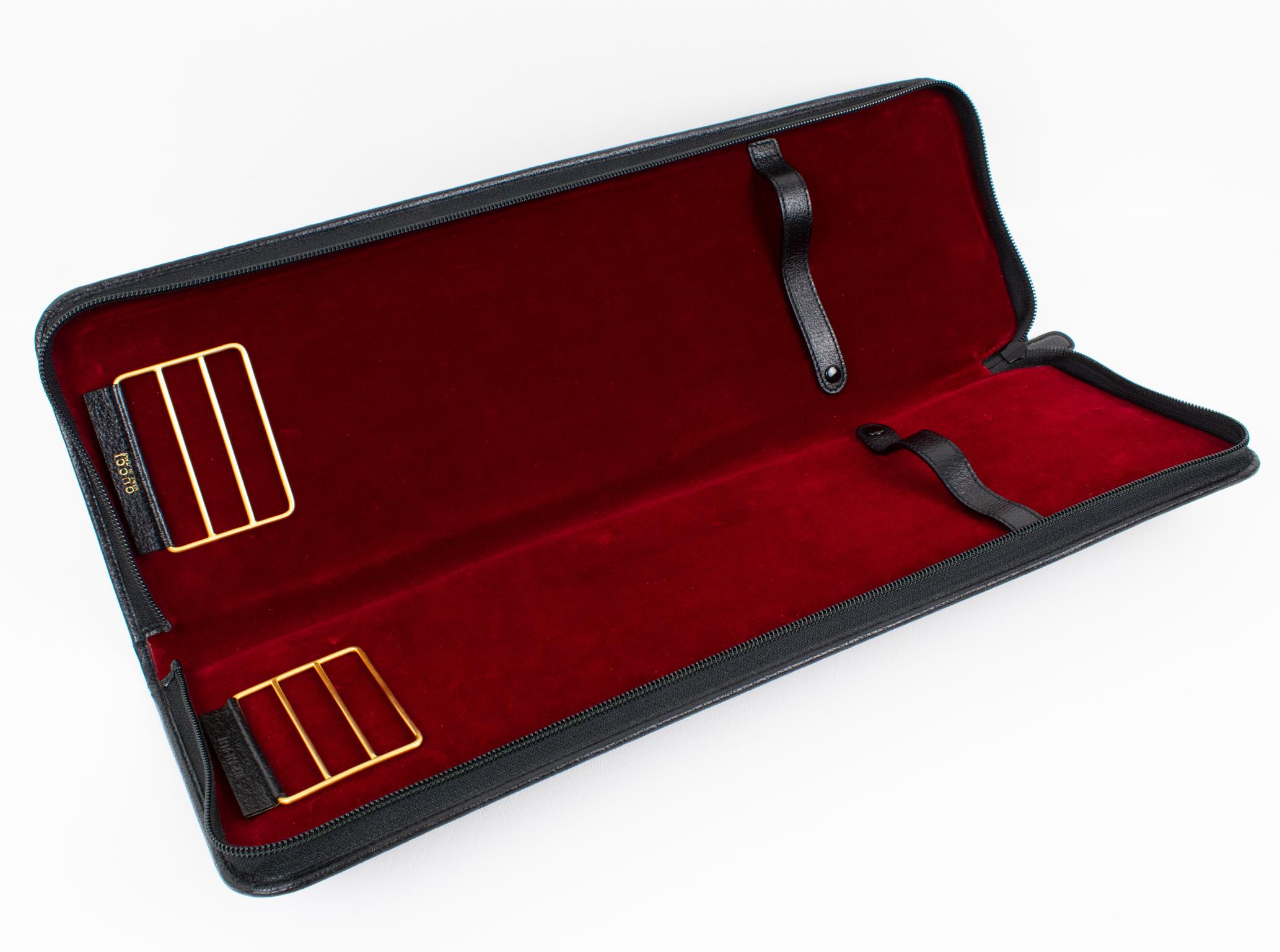 20th Century Gucci, Italy Hand-Stitched Black Leather Travel Tie Case Necktie Holder Rack