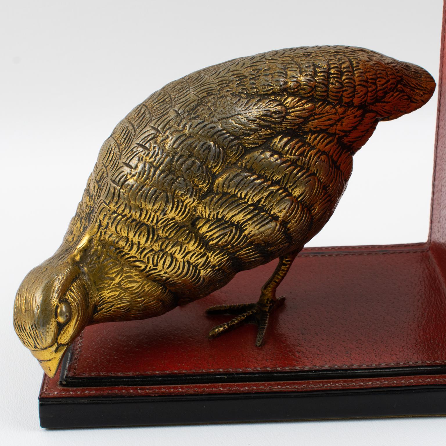 Gucci Italy Hand-Stitched Red Leather Bookends with Gilt Metal Partridges, 1970s 5