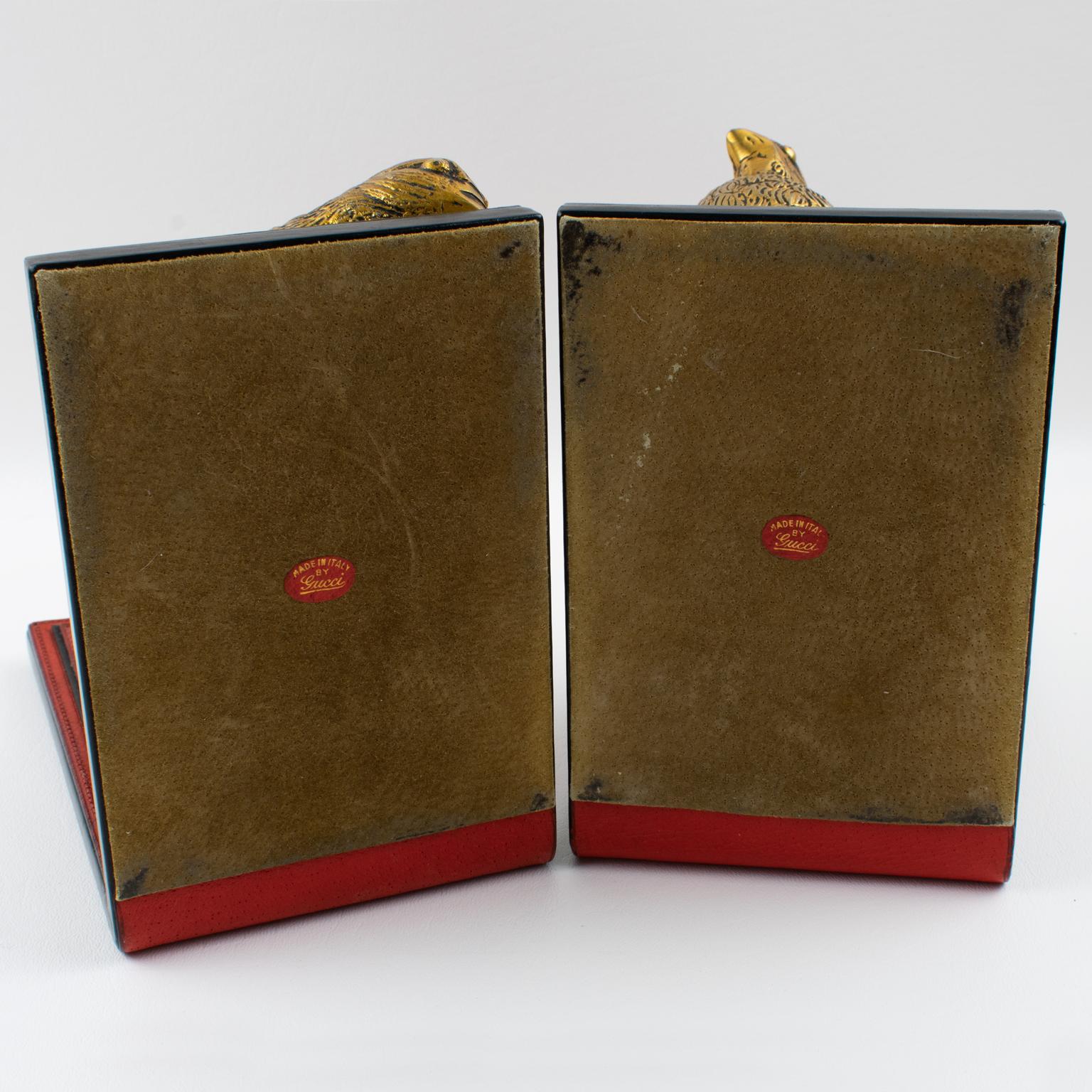 Gucci Italy Hand-Stitched Red Leather Bookends with Gilt Metal Partridges, 1970s 6