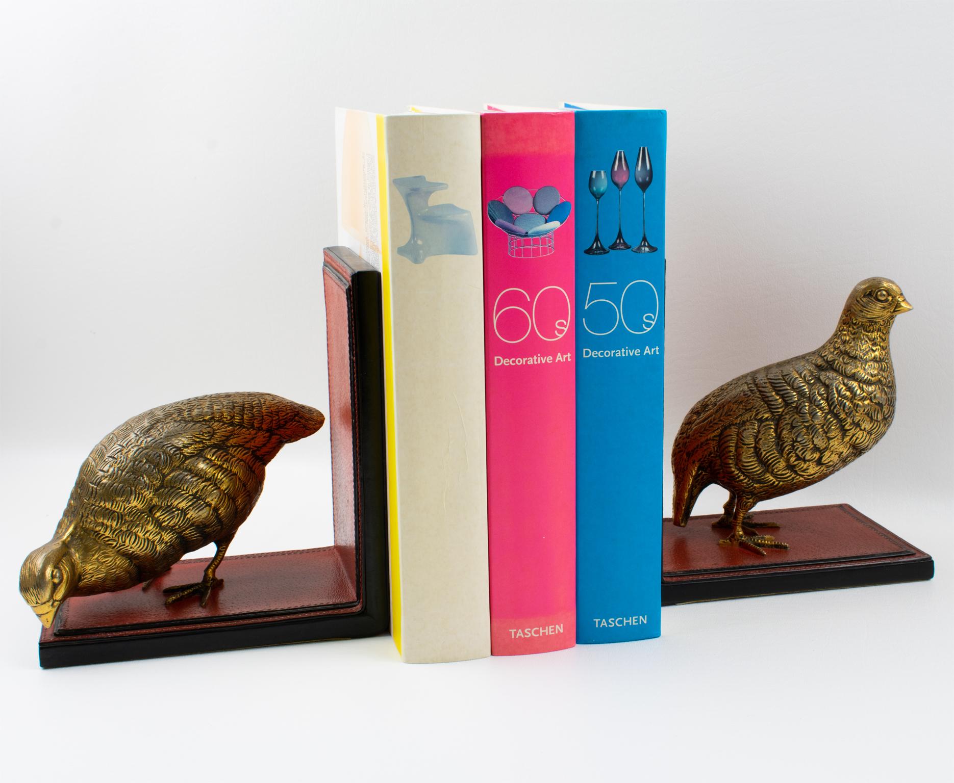Gucci Italy Hand-Stitched Red Leather Bookends with Gilt Metal Partridges, 1970s For Sale 7