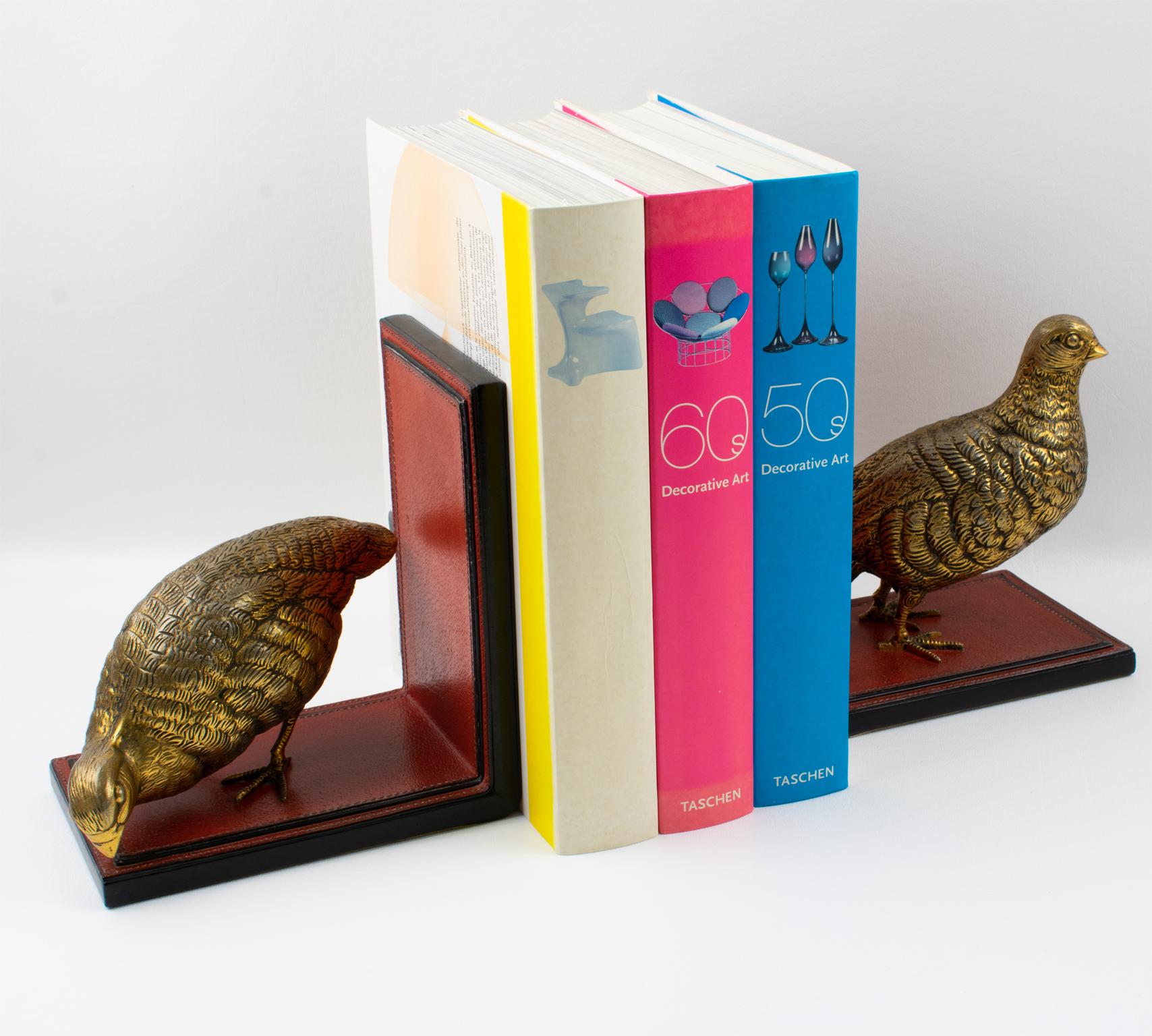Gucci Italy Hand-Stitched Red Leather Bookends with Gilt Metal Partridges, 1970s For Sale 9