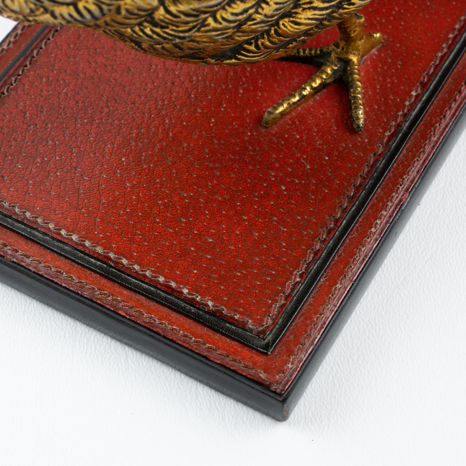 Gucci Italy Hand-Stitched Red Leather Bookends with Gilt Metal Partridges, 1970s 9