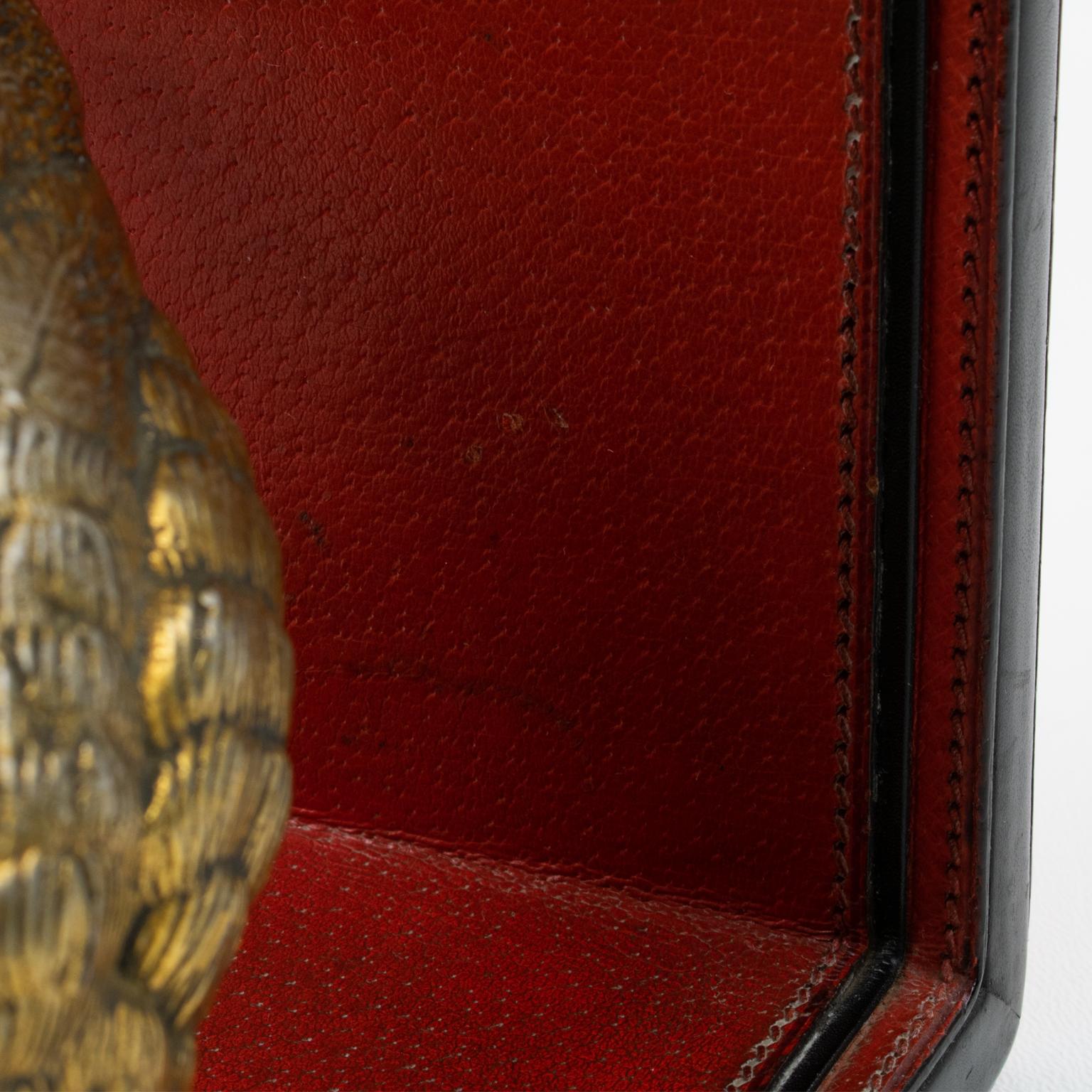 Gucci Italy Hand-Stitched Red Leather Bookends with Gilt Metal Partridges, 1970s 12