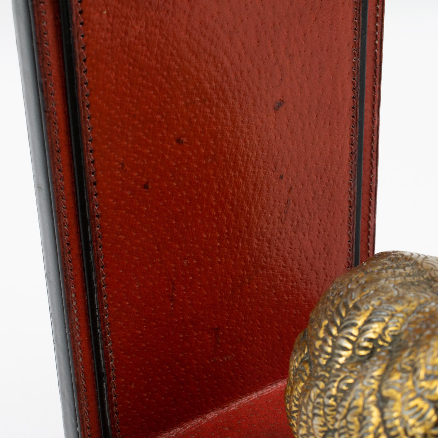 Gucci Italy Hand-Stitched Red Leather Bookends with Gilt Metal Partridges, 1970s 13