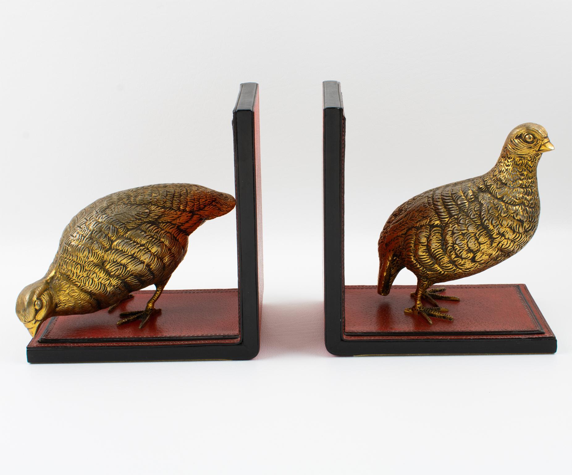 Mid-Century Modern Gucci Italy Hand-Stitched Red Leather Bookends with Gilt Metal Partridges, 1970s For Sale