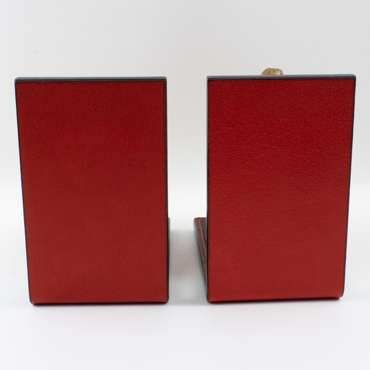 Italian Gucci Italy Hand-Stitched Red Leather Bookends with Gilt Metal Partridges, 1970s For Sale