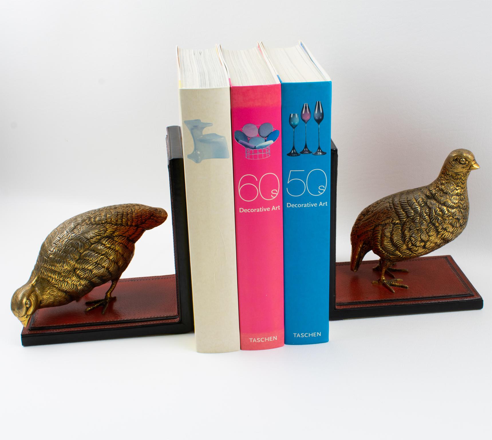Italian Gucci Italy Hand-Stitched Red Leather Bookends with Gilt Metal Partridges, 1970s