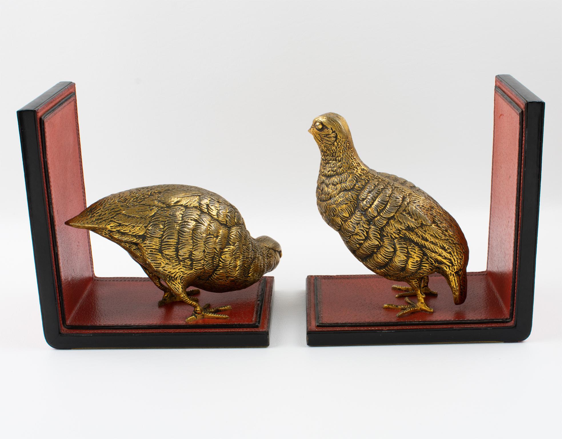 Gucci Italy Hand-Stitched Red Leather Bookends with Gilt Metal Partridges, 1970s In Good Condition For Sale In Atlanta, GA