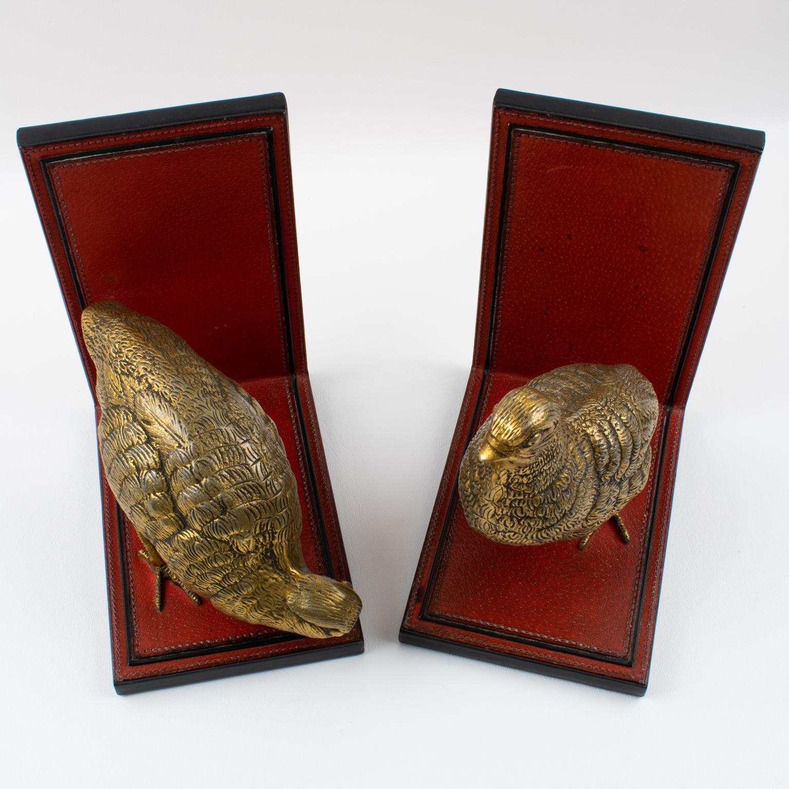 Late 20th Century Gucci Italy Hand-Stitched Red Leather Bookends with Gilt Metal Partridges, 1970s For Sale