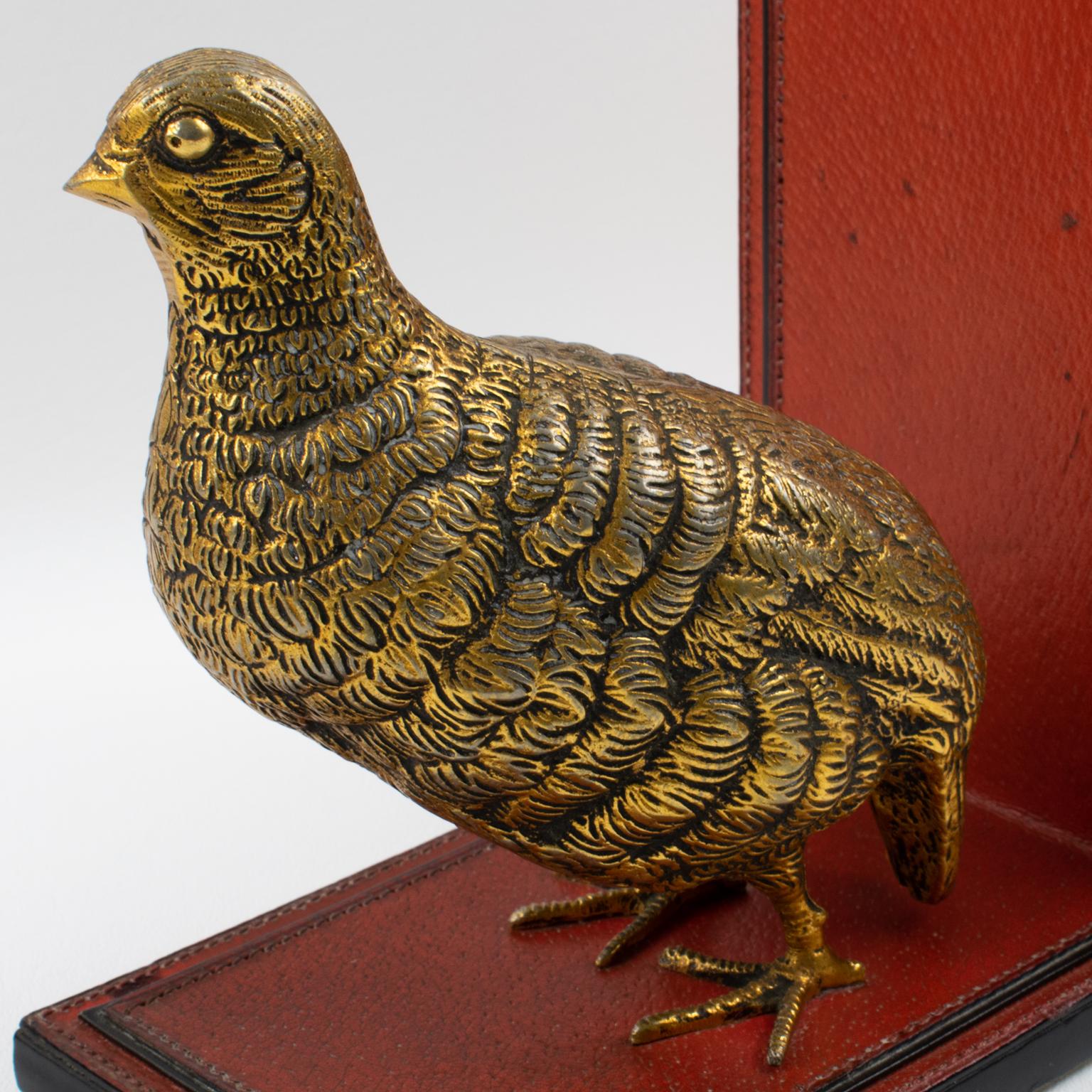 Gucci Italy Hand-Stitched Red Leather Bookends with Gilt Metal Partridges, 1970s For Sale 2
