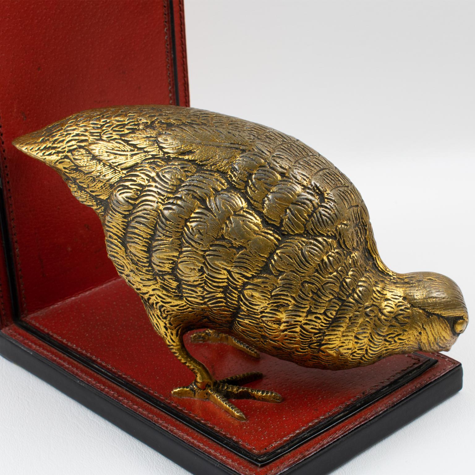 Gucci Italy Hand-Stitched Red Leather Bookends with Gilt Metal Partridges, 1970s For Sale 3