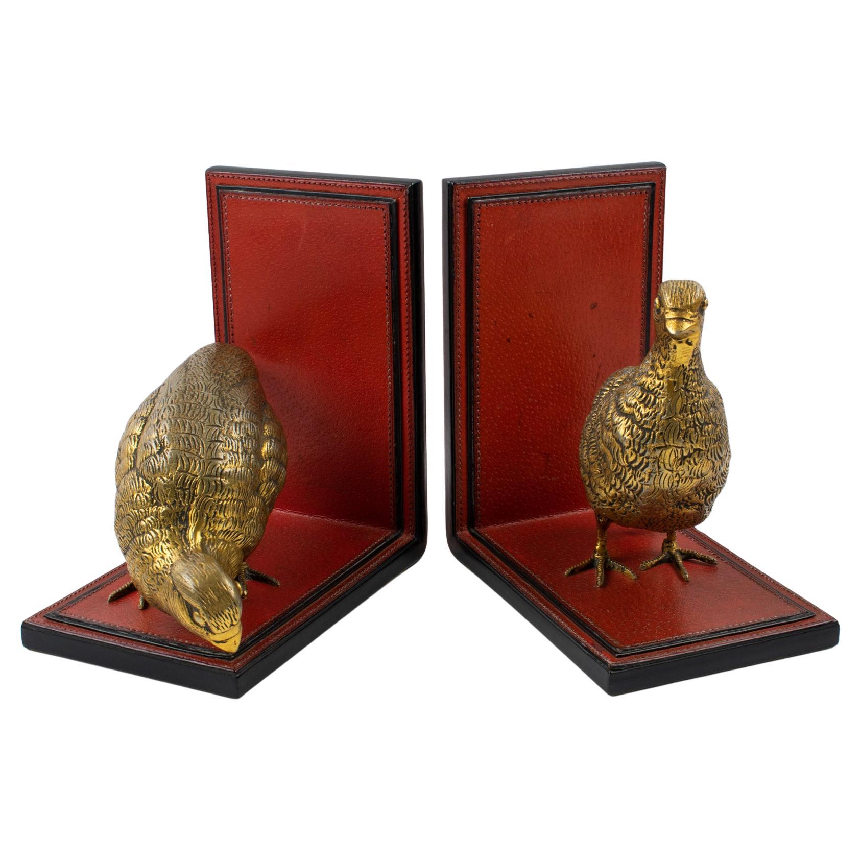 Gucci Italy Hand-Stitched Red Leather Bookends with Gilt Metal Partridges, 1970s