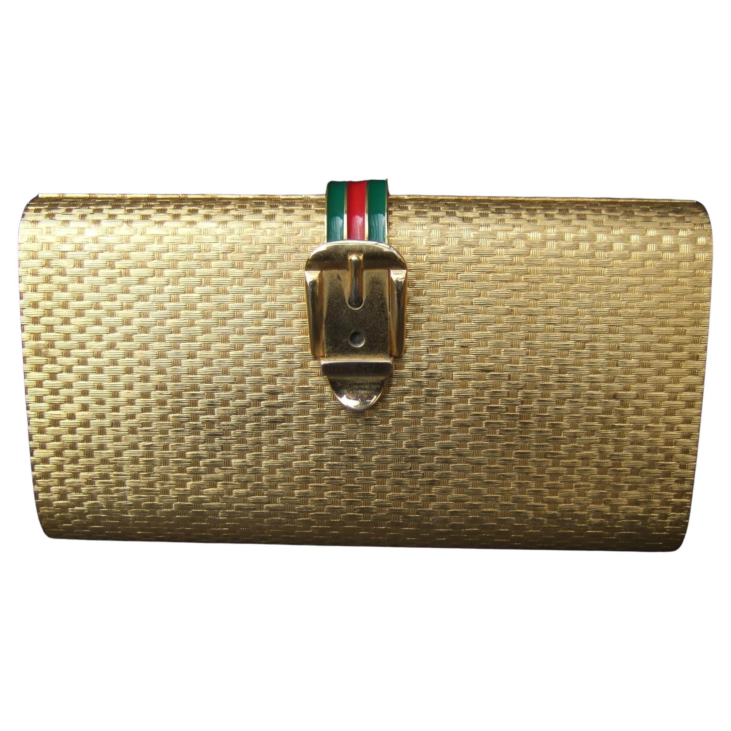 Gucci Italy Opulent Gilt Metal Minaudiere Clutch c 1970s For Sale