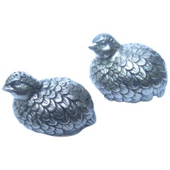 Vintage Gucci Italy Pair of Silver Metal Quail Salt & Pepper Shakers c 1970s