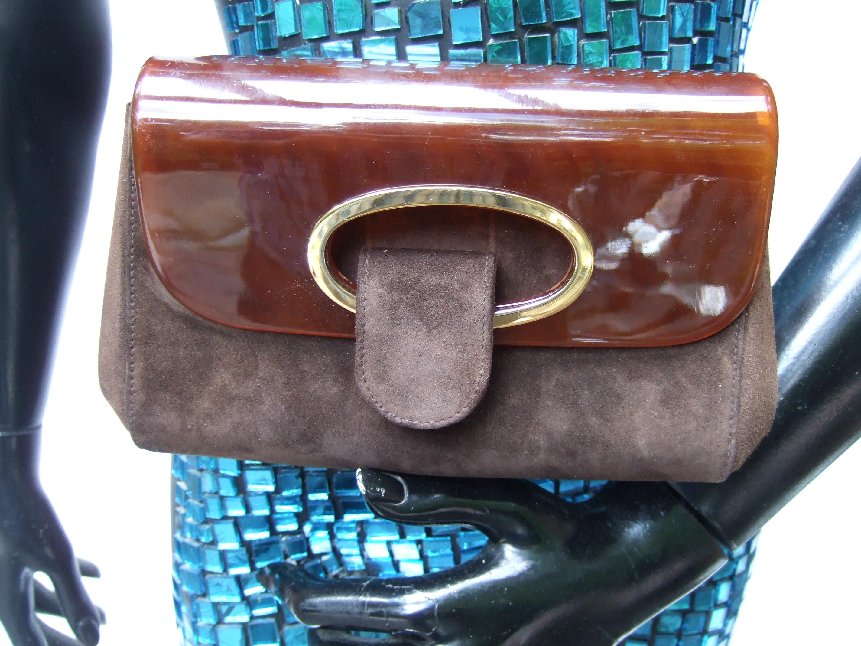 Gucci Italy Rare Amber Lucite Brown Suede Clutch c 1970s  In Good Condition In University City, MO