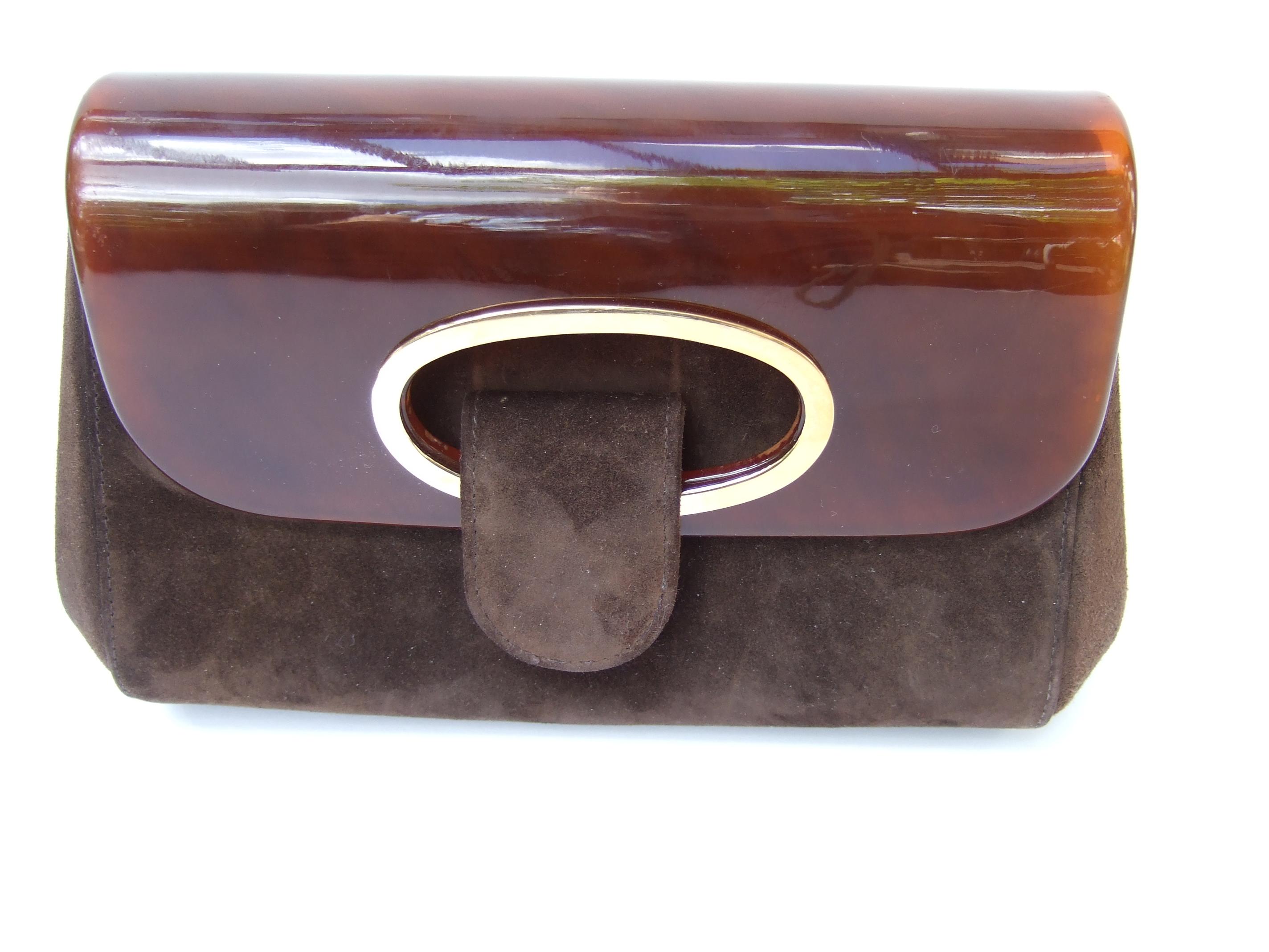 Gucci Italy Rare Amber Lucite Brown Suede Clutch c 1970s  2