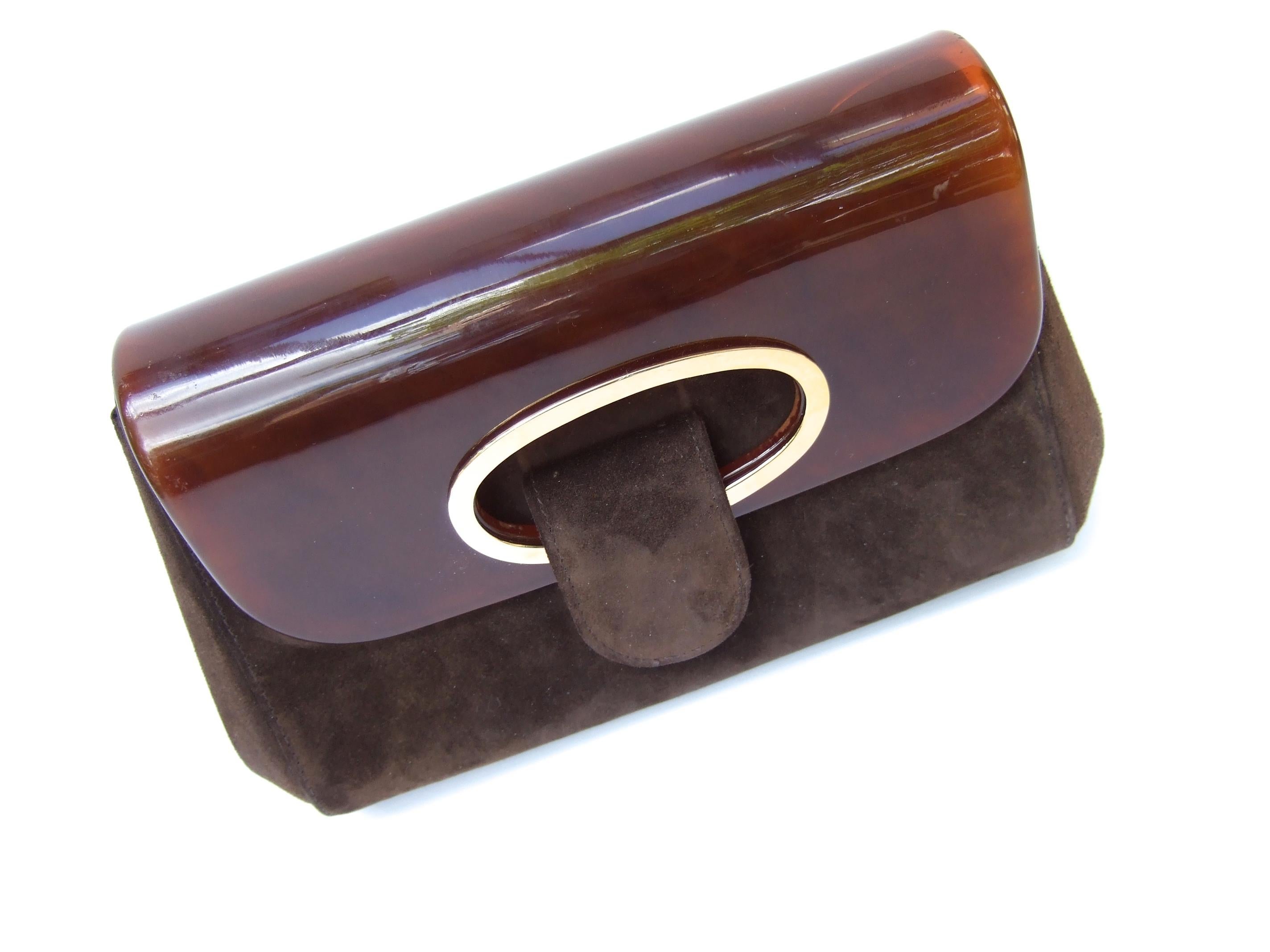 Gucci Italy Rare Amber Lucite Brown Suede Clutch c 1970s  3