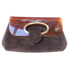 Gucci Italy Rare Amber Lucite Brown Suede Clutch c 1970s 
