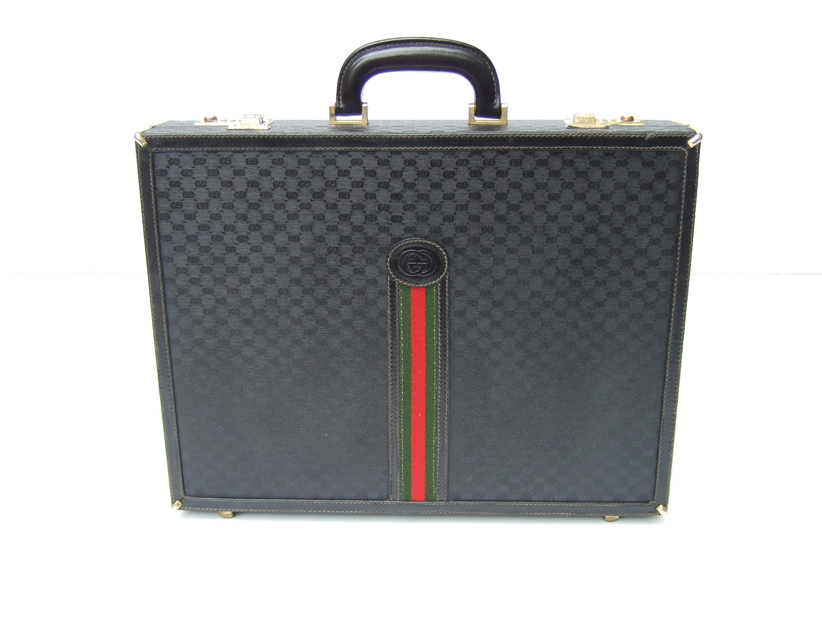 Gucci Italy Rare Black Coated Canvas Leather Trim Unisex Briefcase c 1980s In Good Condition In University City, MO