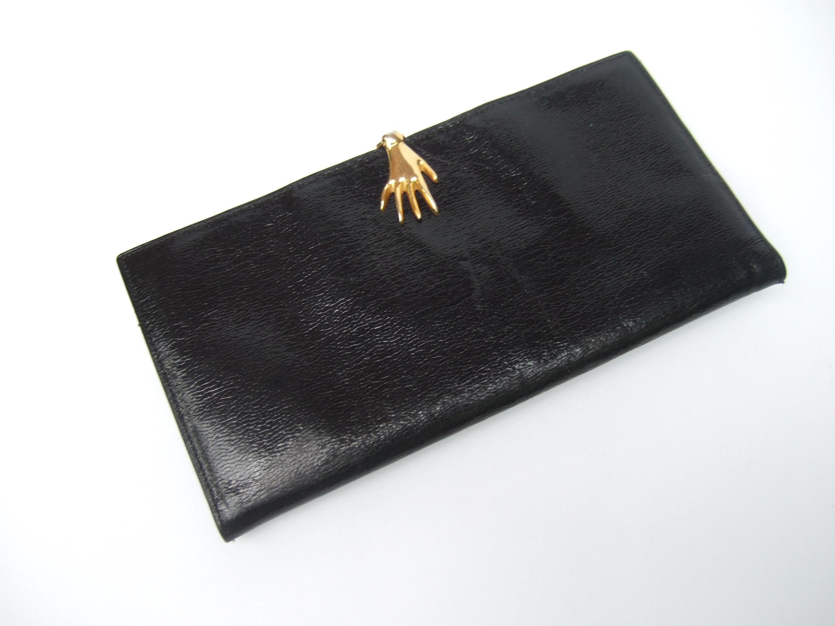 Women's Gucci Italy Rare Black Leather Hand Clasp Wallet c 1970s
