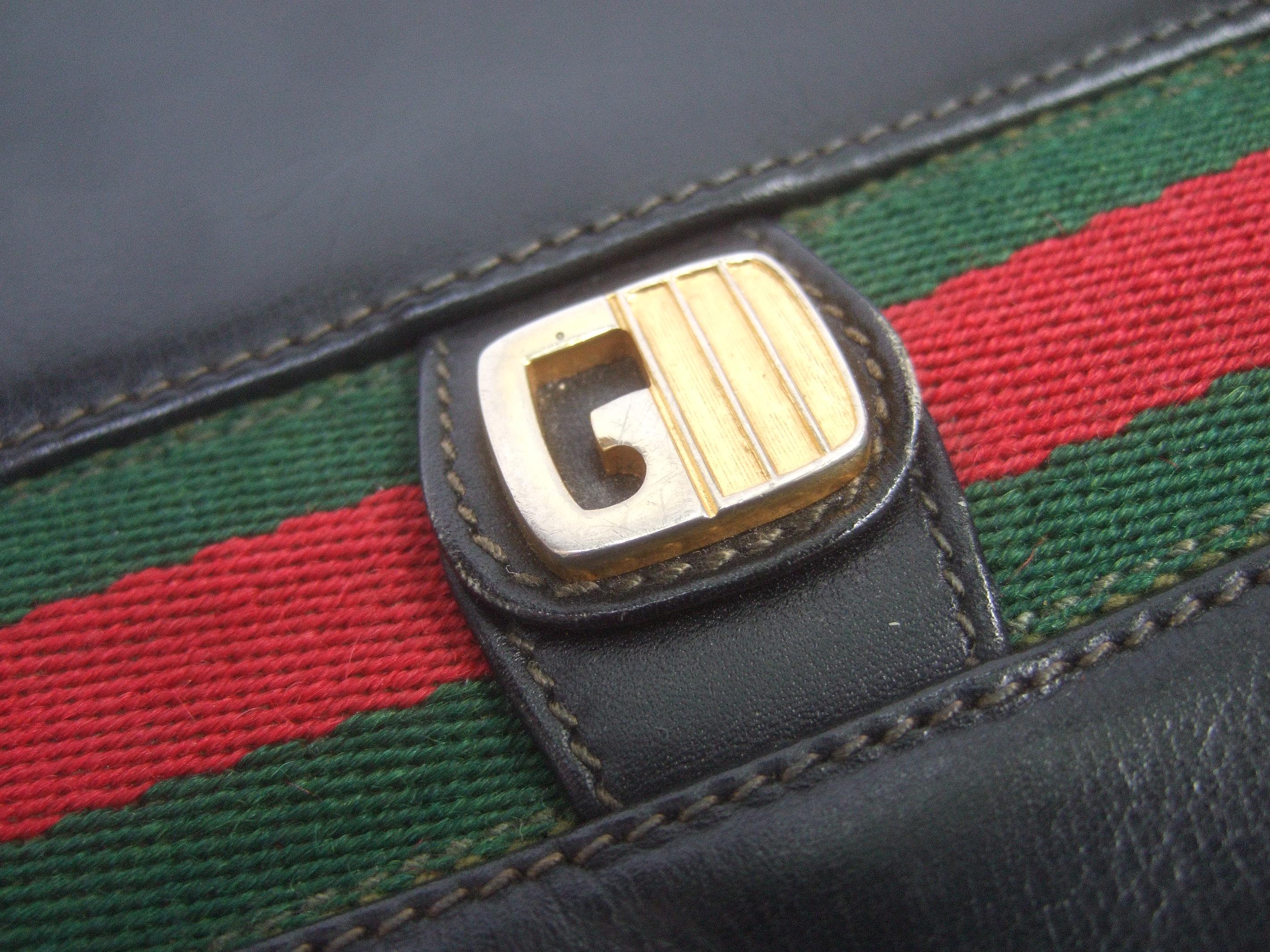 Gucci Italy Rare Black Leather Webbed Striped Shoulder Bag c 1980s  6