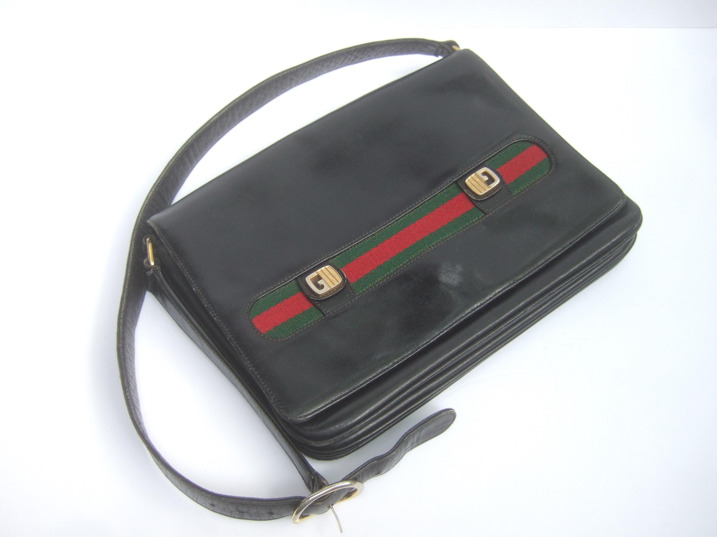 Gucci Italy Rare Black Leather Webbed Striped Shoulder Bag c 1980s  In Good Condition In University City, MO