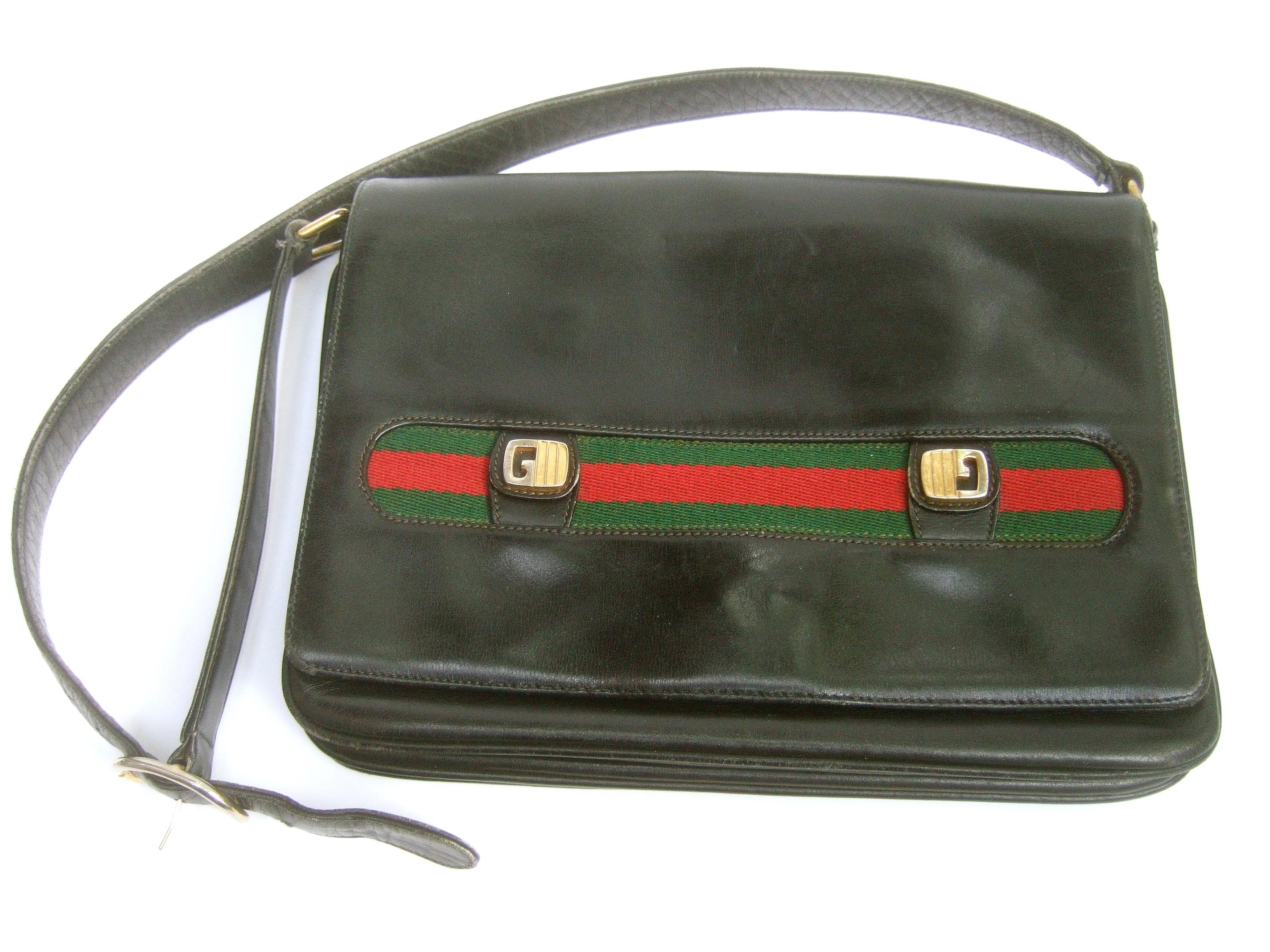 Women's Gucci Italy Rare Black Leather Webbed Striped Shoulder Bag c 1980s 