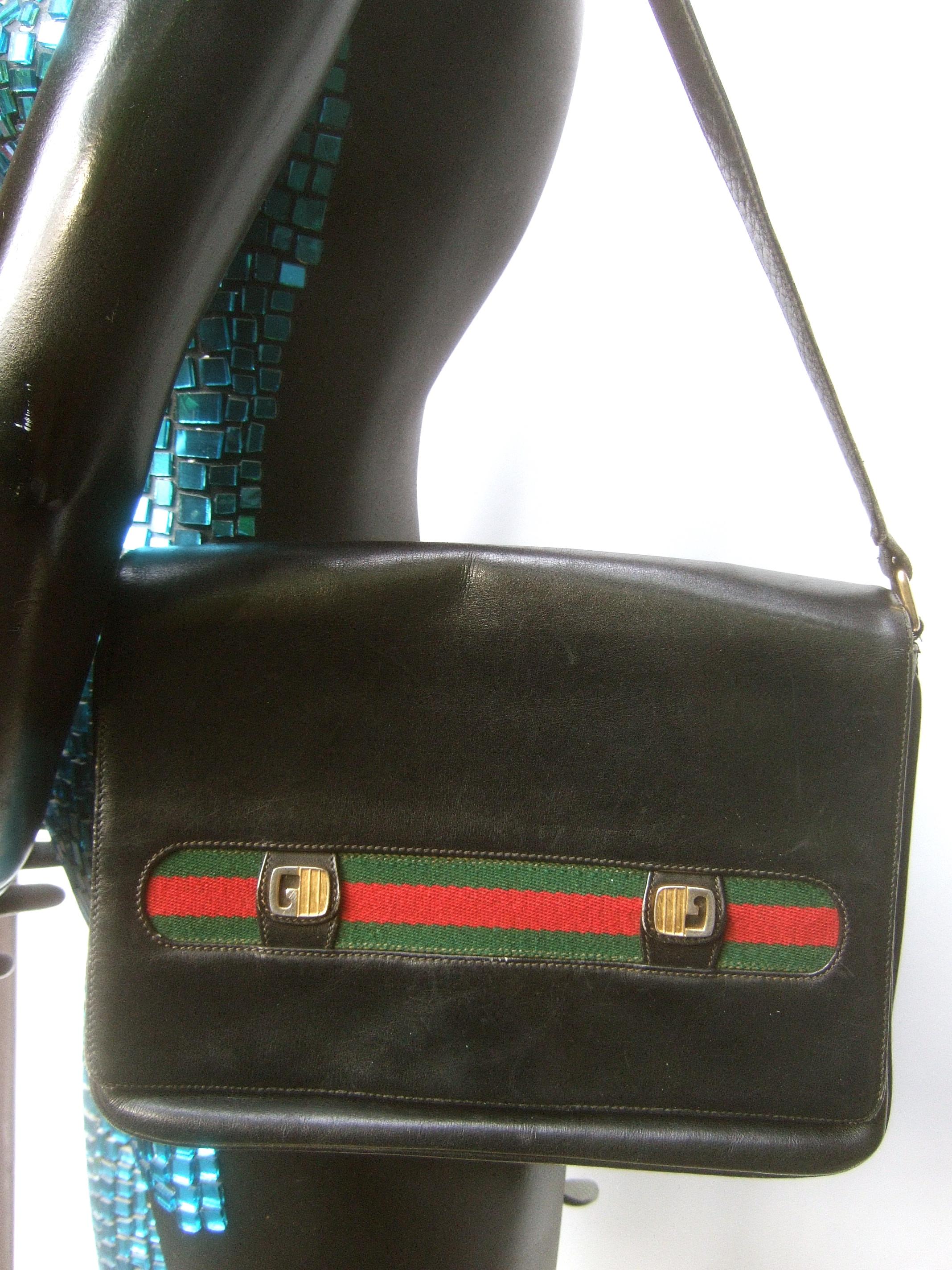 Gucci Italy Rare Black Leather Webbed Striped Shoulder Bag c 1980s  2