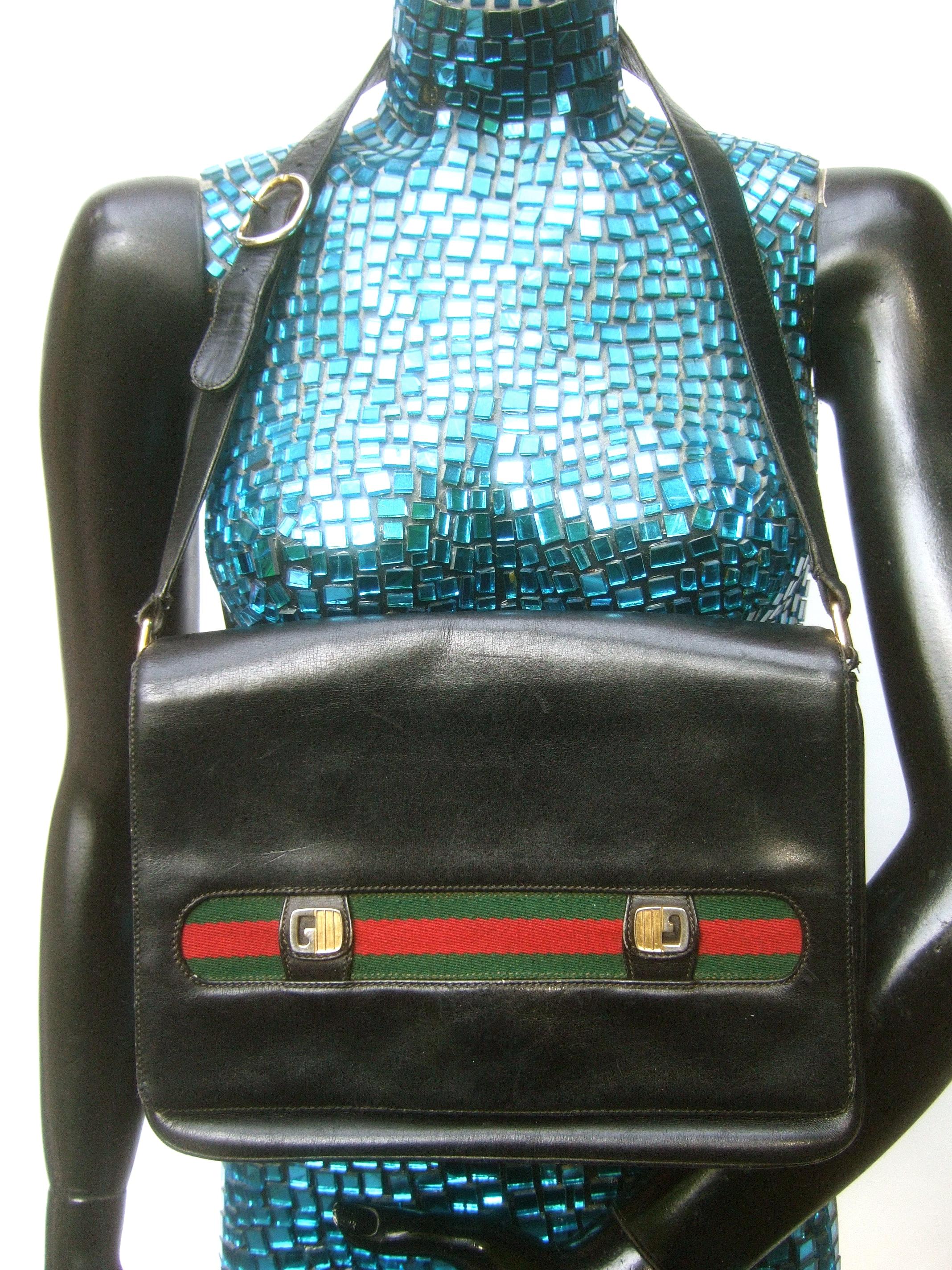 Gucci Italy Rare Black Leather Webbed Striped Shoulder Bag c 1980s  3