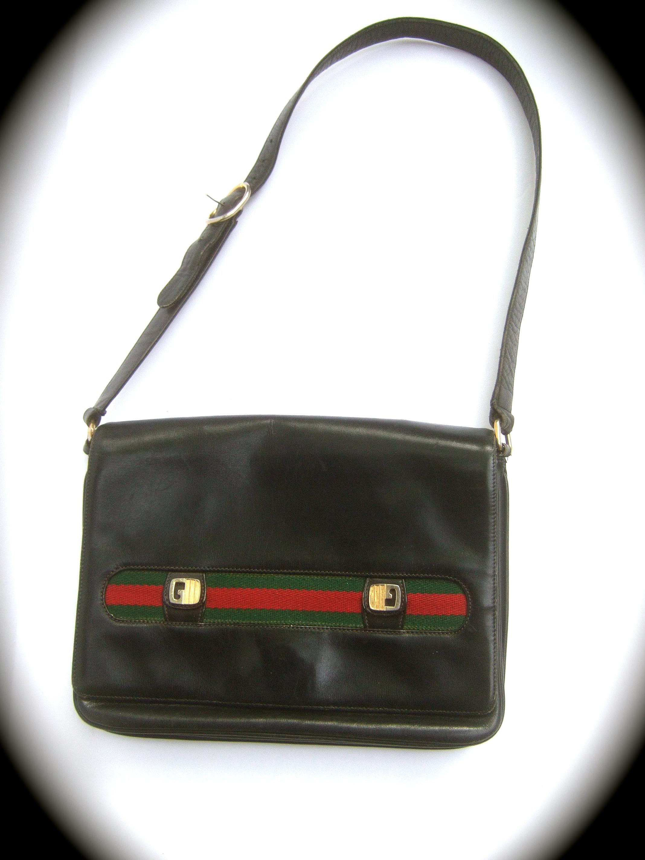 Gucci Italy Rare Black Leather Webbed Striped Shoulder Bag c 1980s  4
