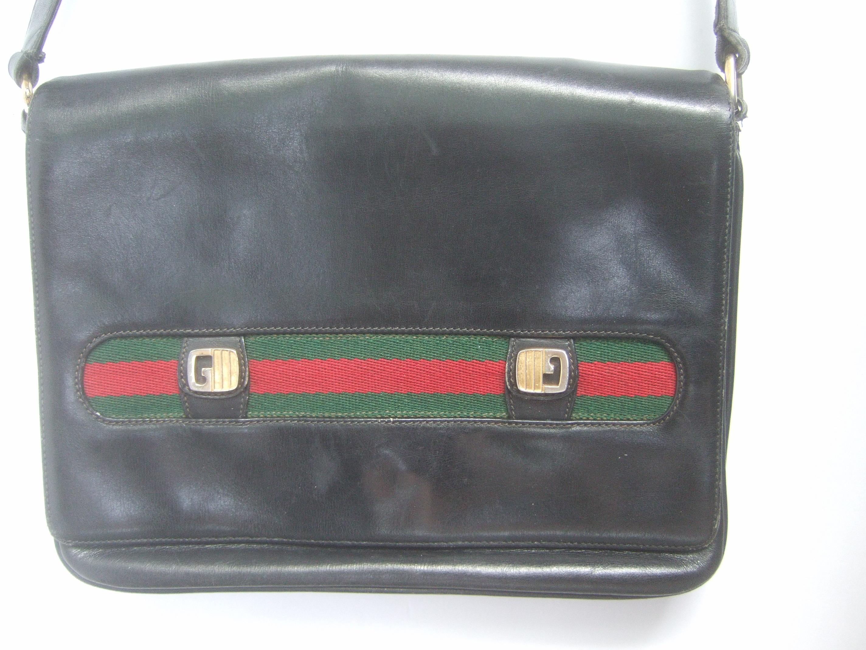 Gucci Italy Rare Black Leather Webbed Striped Shoulder Bag c 1980s  5