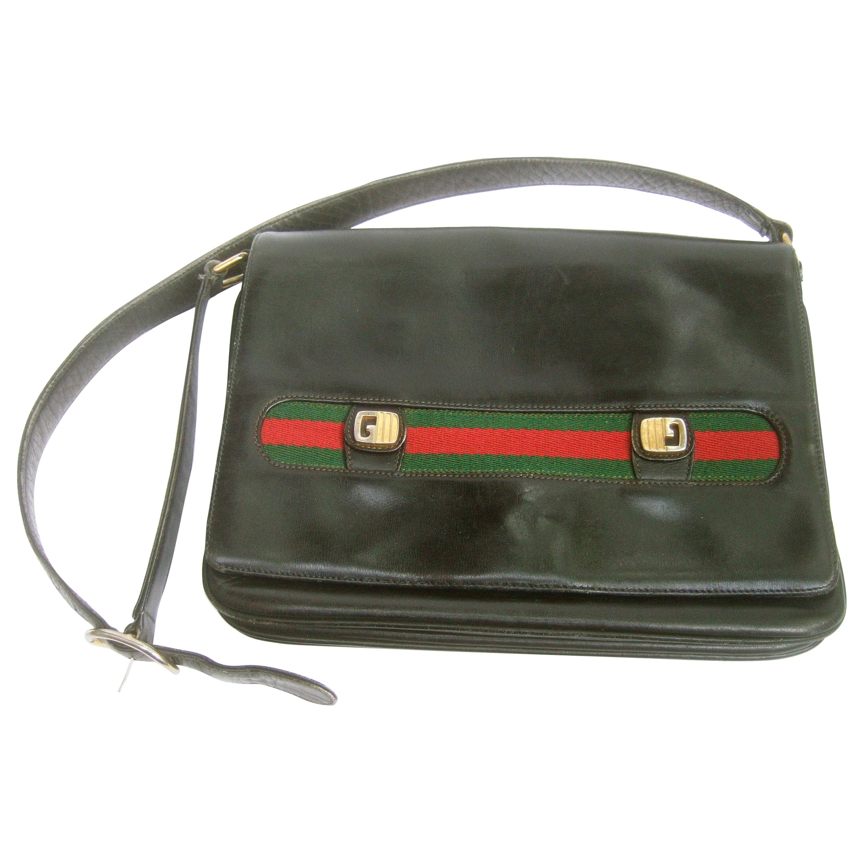 Gucci Italy Rare Black Leather Webbed Striped Shoulder Bag c 1980s 