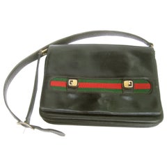 Gucci Italy Rare Black Leather Webbed Striped Shoulder Bag c 1980s