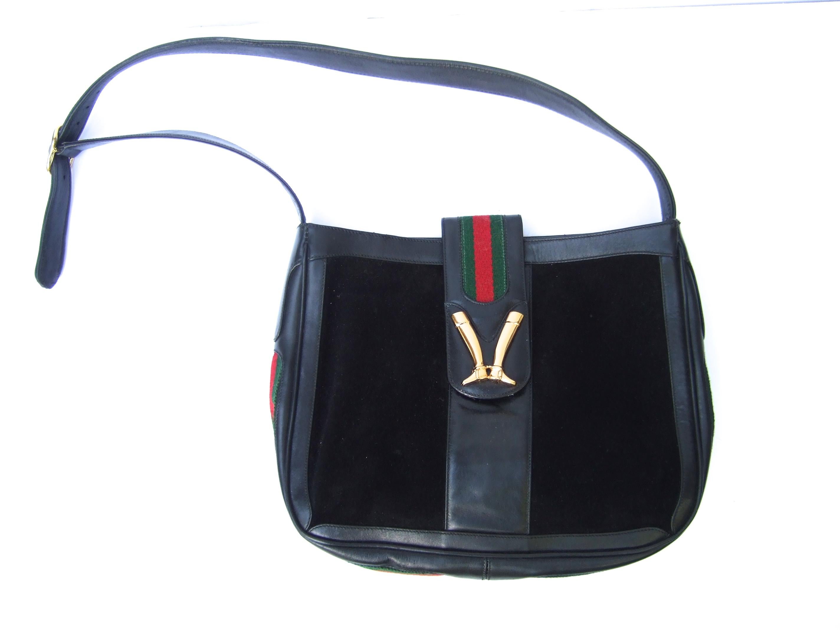 Gucci Italy Rare Black Suede Boot Emblem Shoulder Bag c 1970s For Sale 4